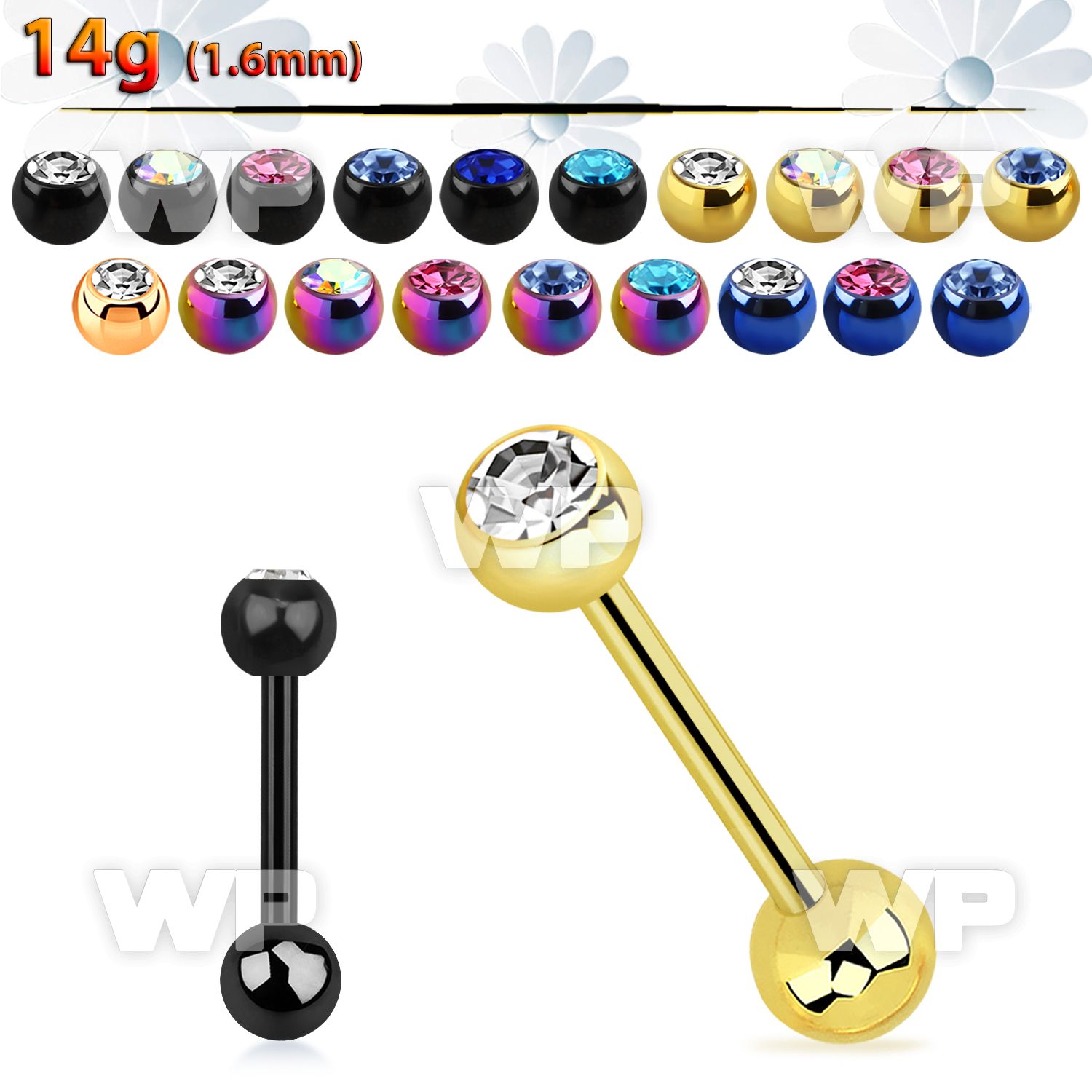 44r6 ion plated surgical steel tongue bar 1 6mm top 6mm jewel tongue piercing