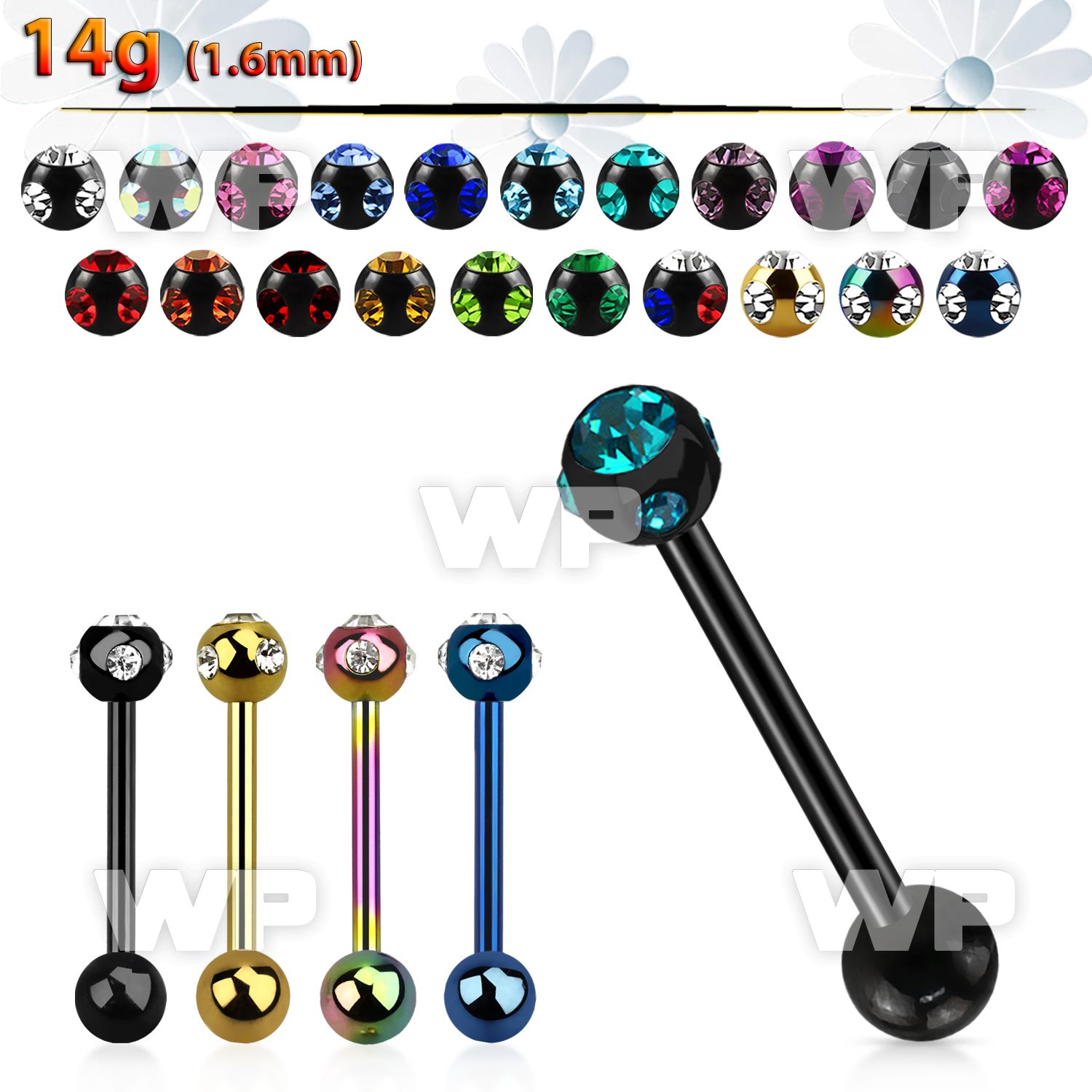 44r6z ion plated surgical steel tongue bar 1 6mm top 6mm multi tongue piercing