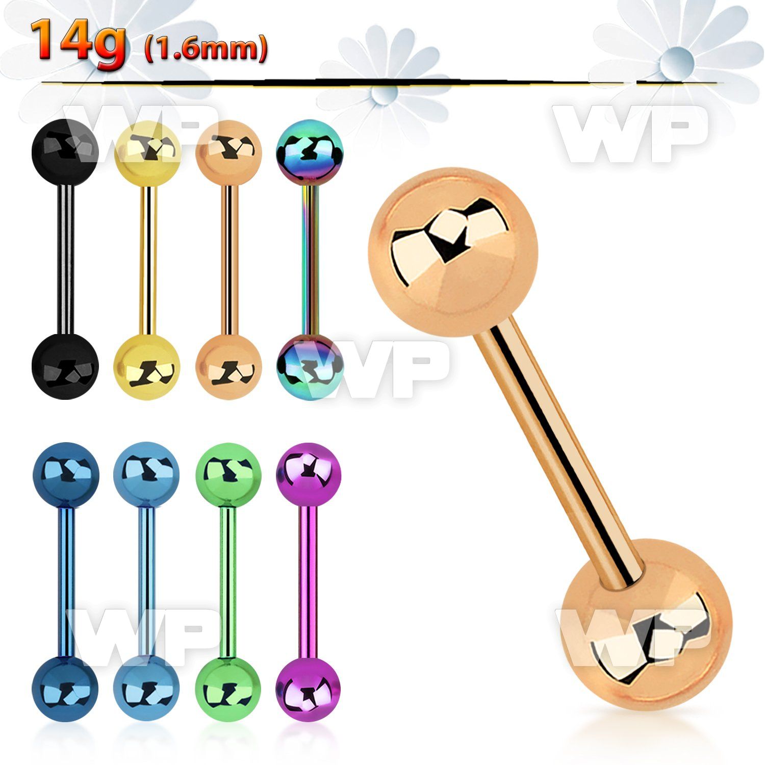 44r ion plated surgical steel tongue bar 1 6mm 6mm ball tongue piercing