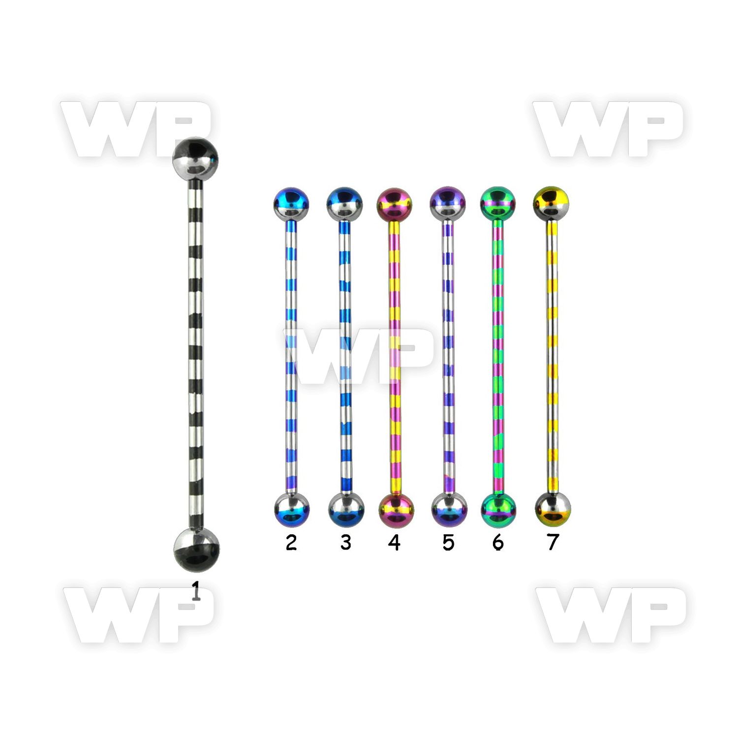 44ra4 ion plated surgical steel industrial barbell zebra stripe tongue piercing