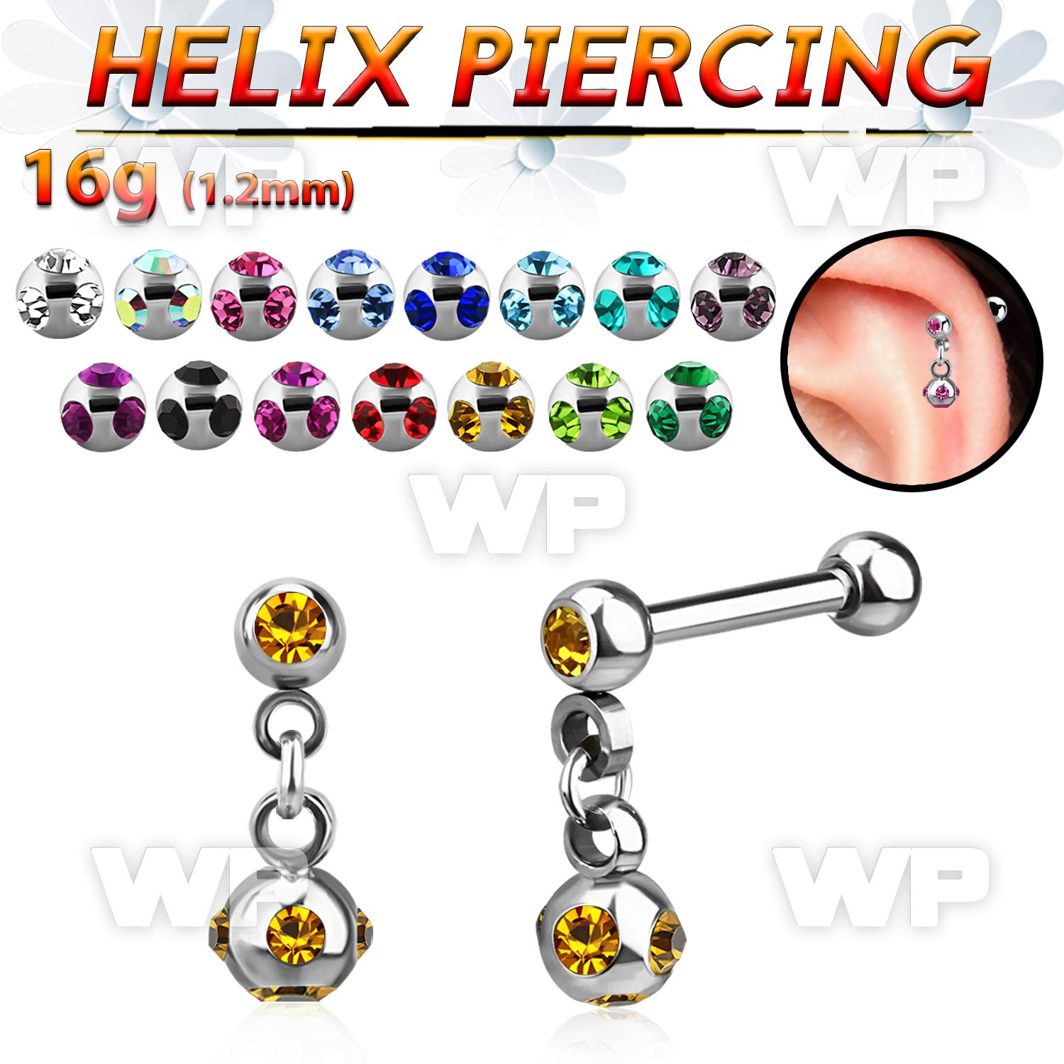 44wa0p surgical steel helix barbell 1 2mm 3mm balls dangling helix piercing