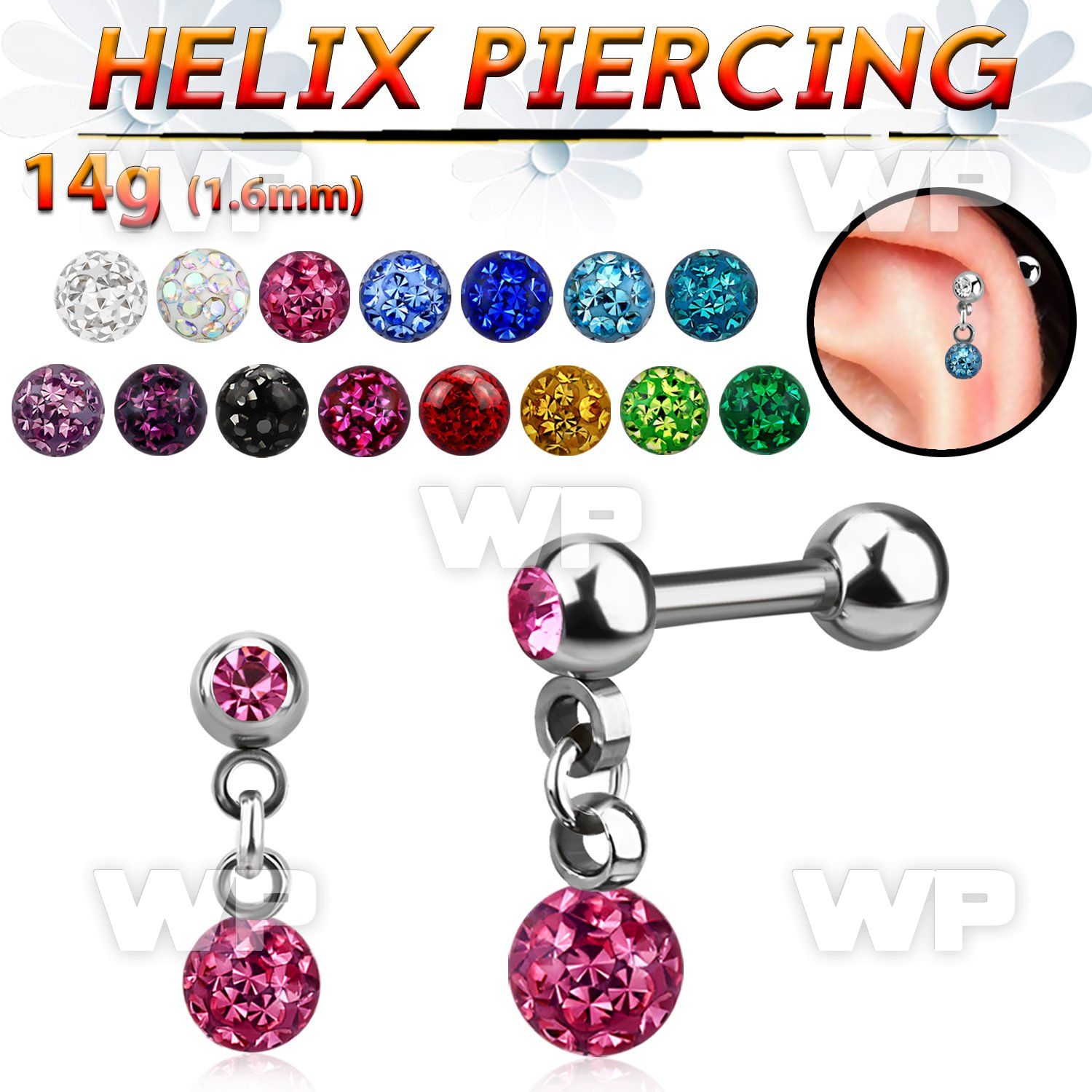 44wa0z4 surgical steel helix barbell 1 6mm 4mm balls dangling eyebrow piercing
