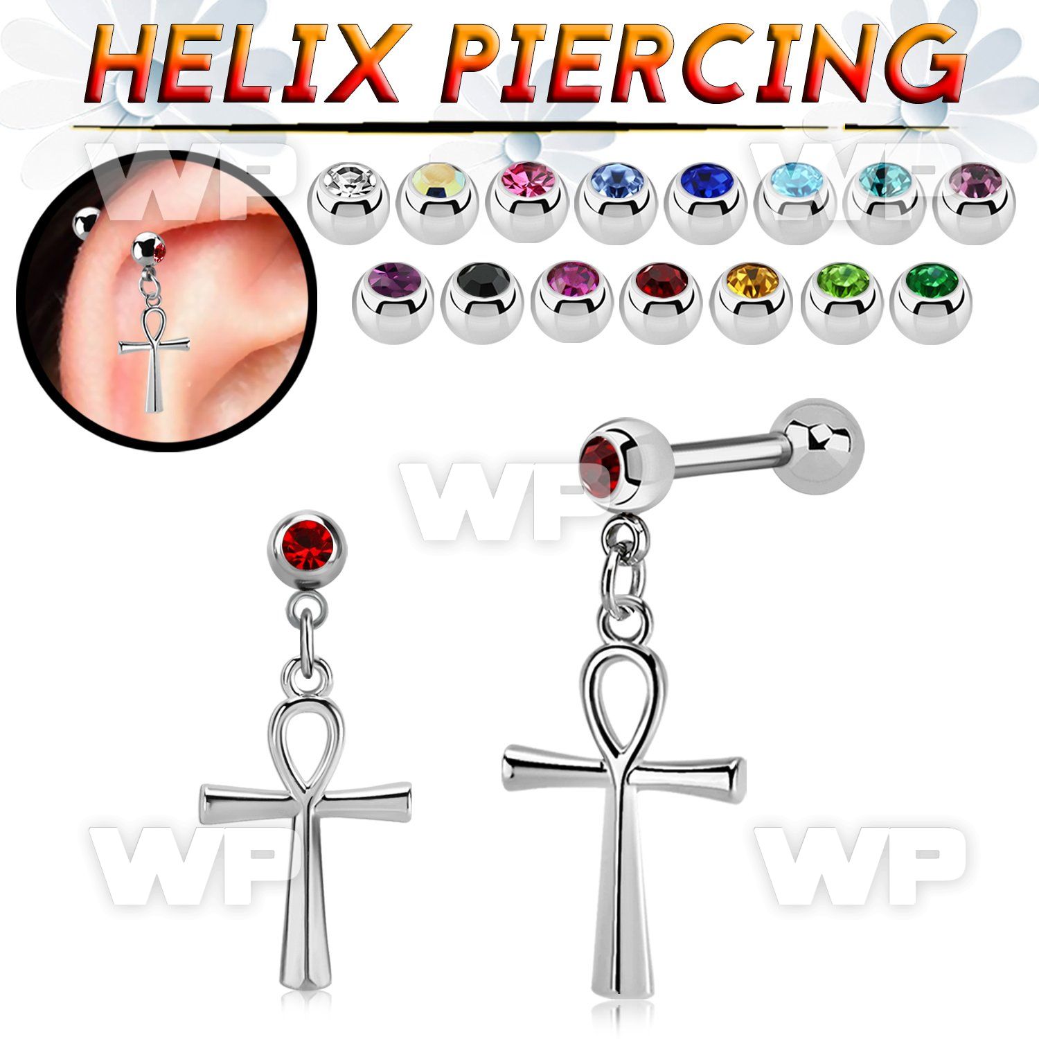 44watl steel helix barbell w jewel ball dangling ankh cross