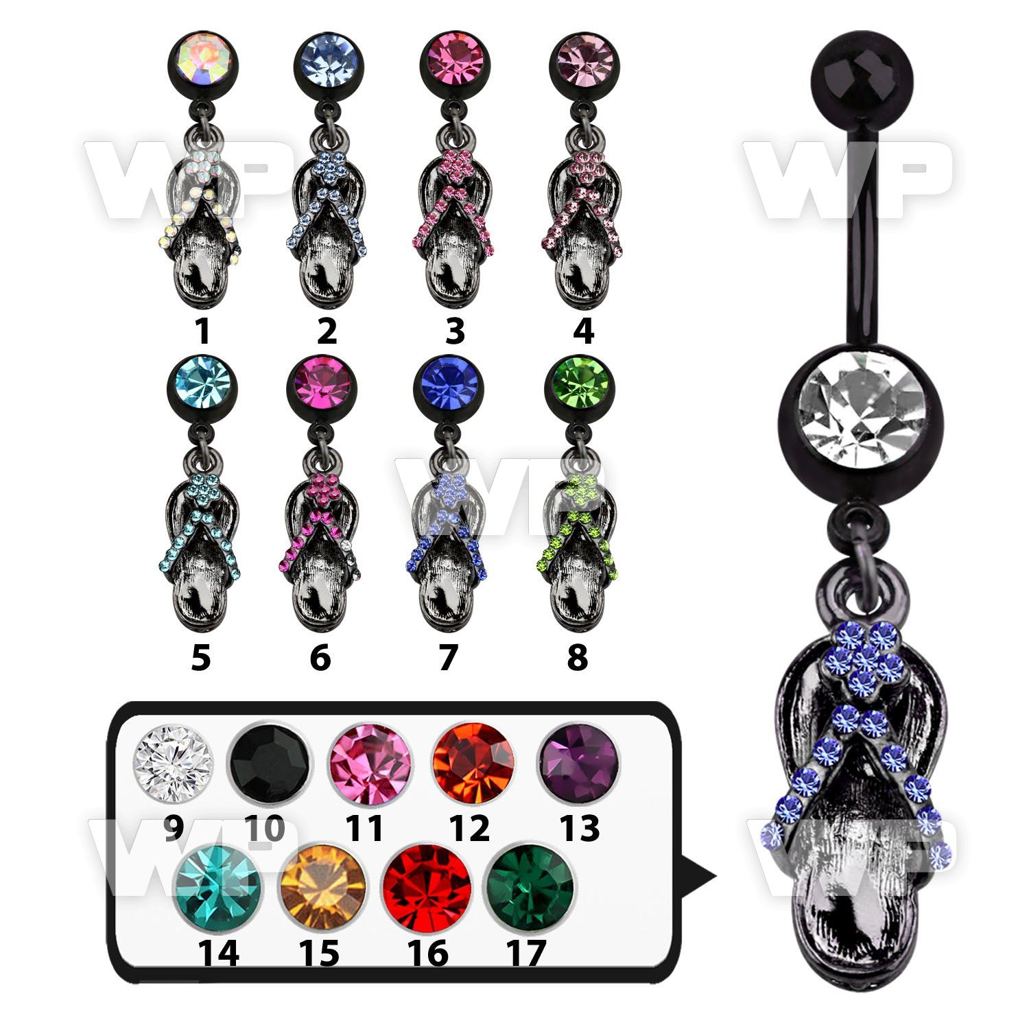 46131s ion plated steel belly ring dangling crystal studded blac belly piercing