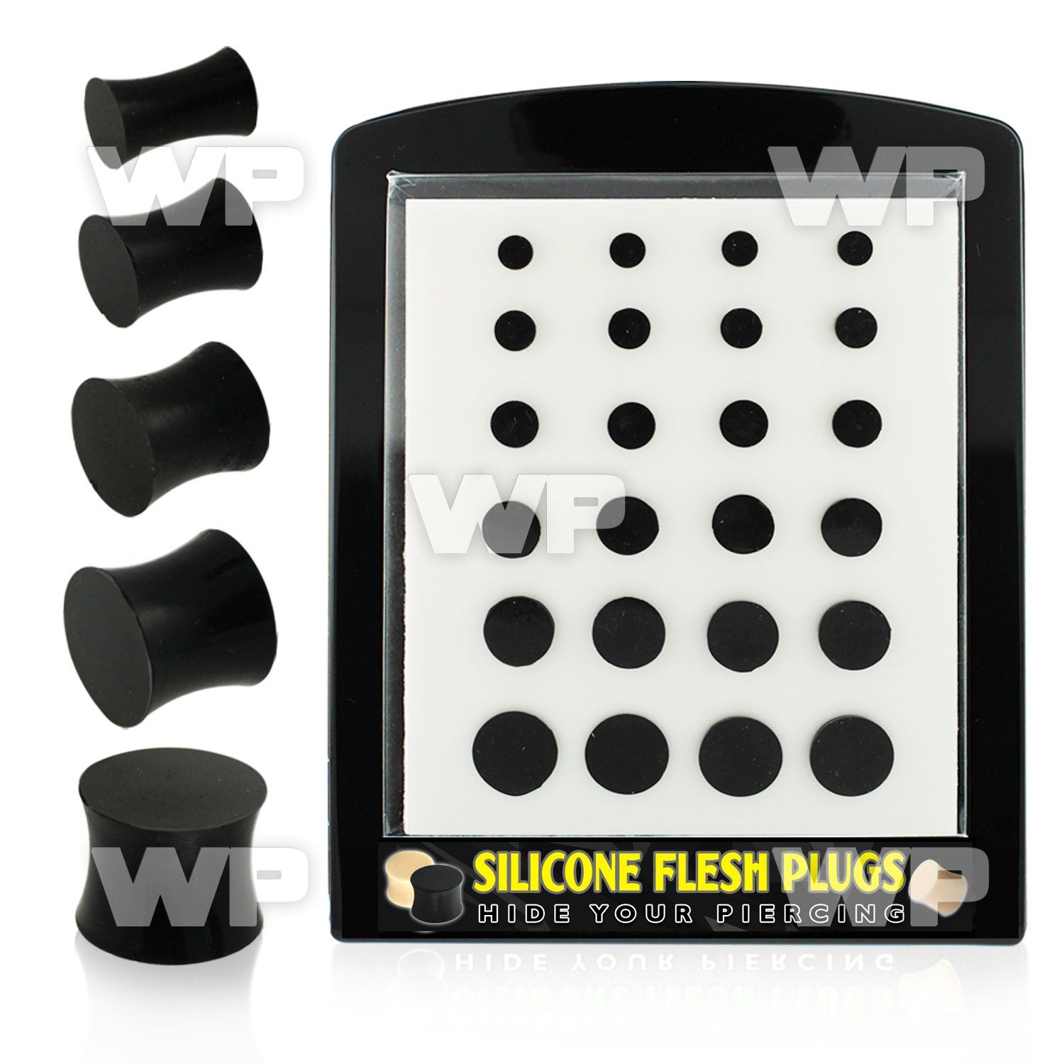 4a38miz display of 24 pieces of assorted size black silicon plug ear lobe piercing
