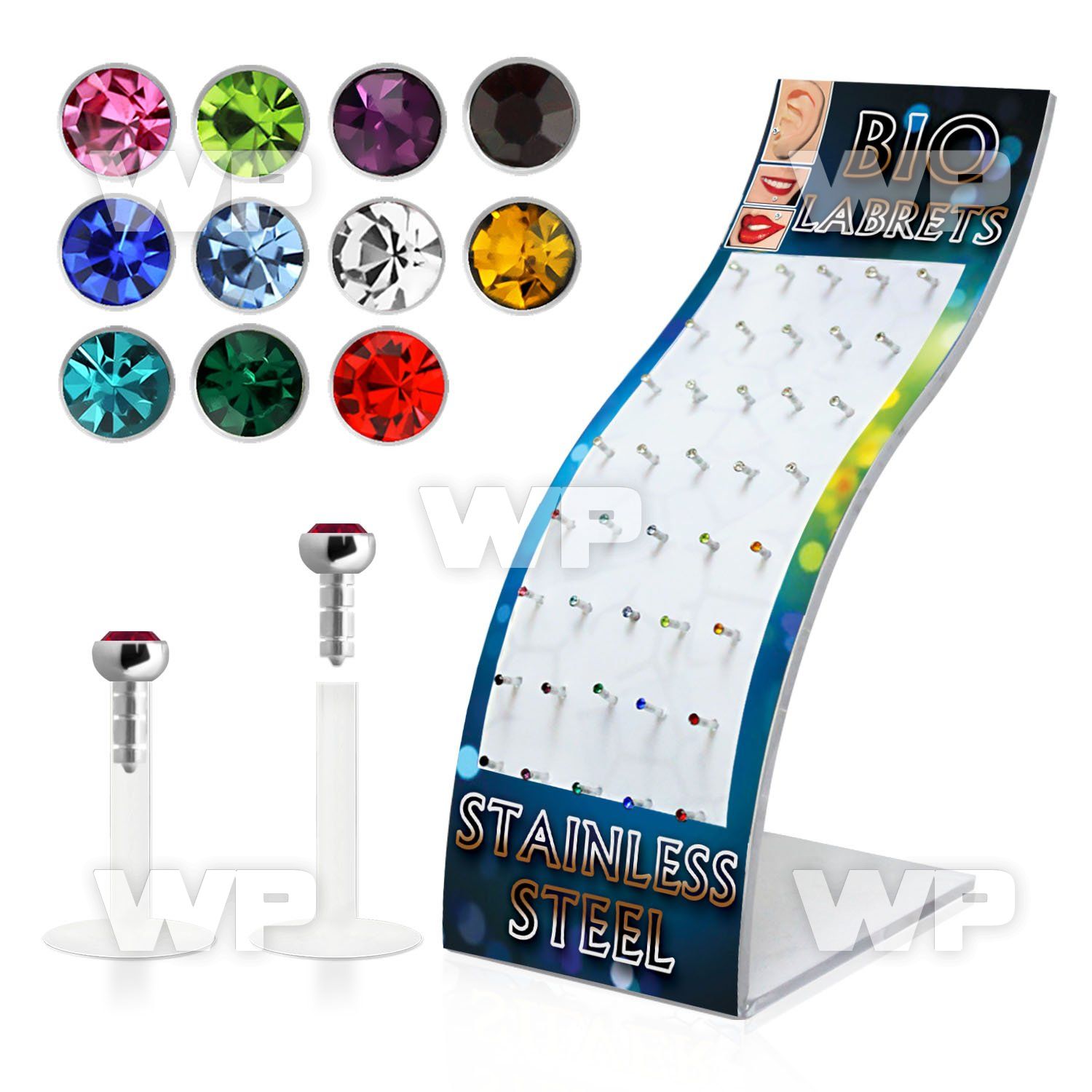 4ab48c display w of bio flex labrets 1 2mm push in 2mm flat cry lower lip piercing