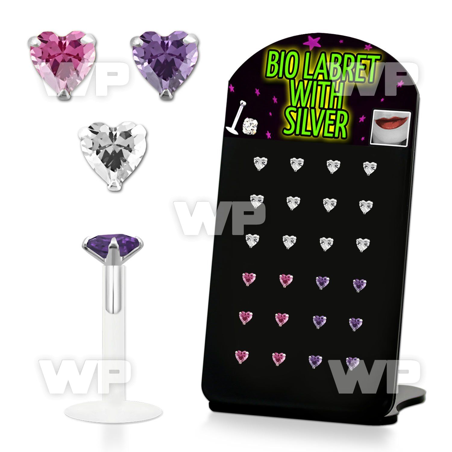 4ab48l display w bio flex labrets 1 2mm 3mm prong set heart sha lower lip piercing