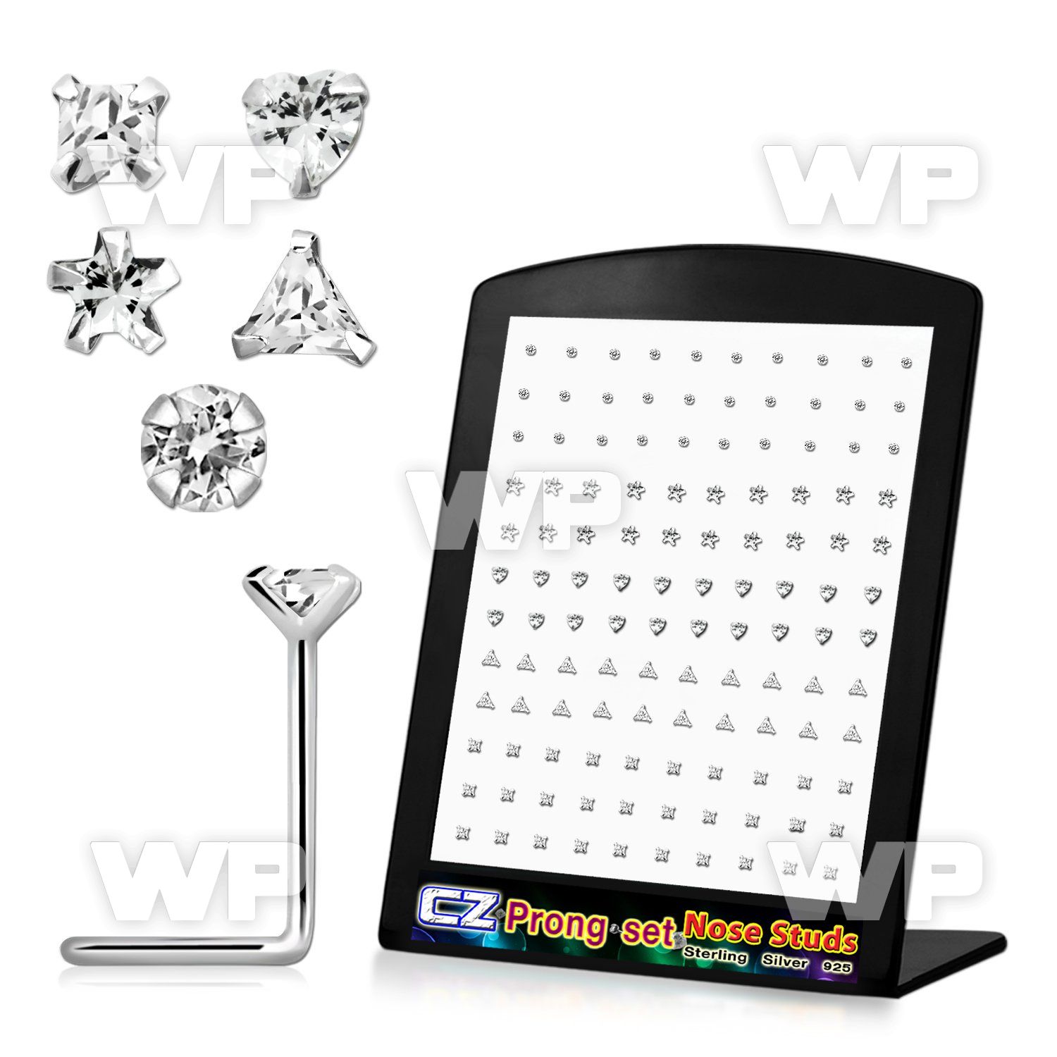 4ag3j6 display w silver 925 l shaped nose studs clear prong set nose piercing