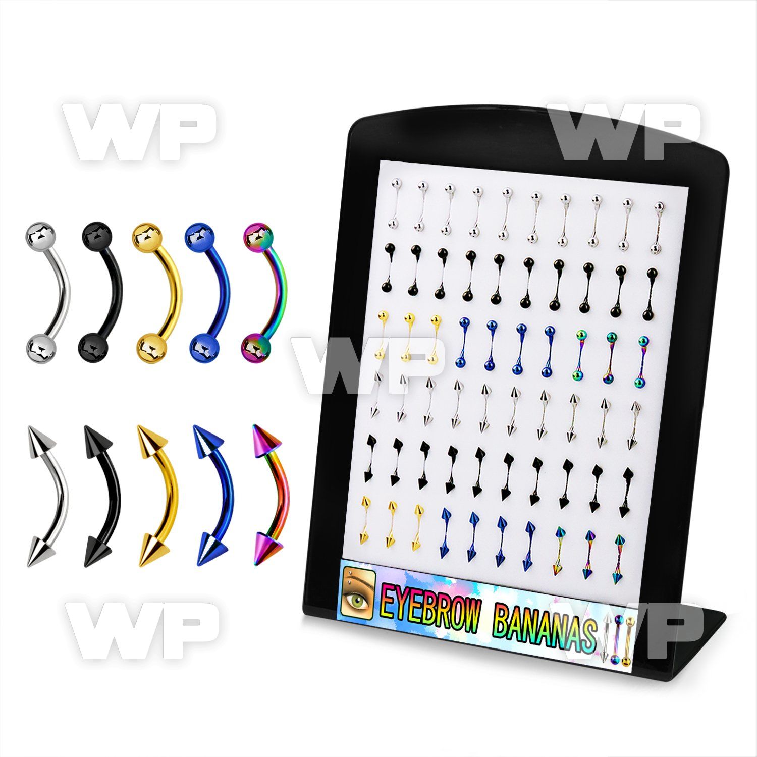4aj8fkp display w assorted surgical steel ion plated surgical eyebrow piercing