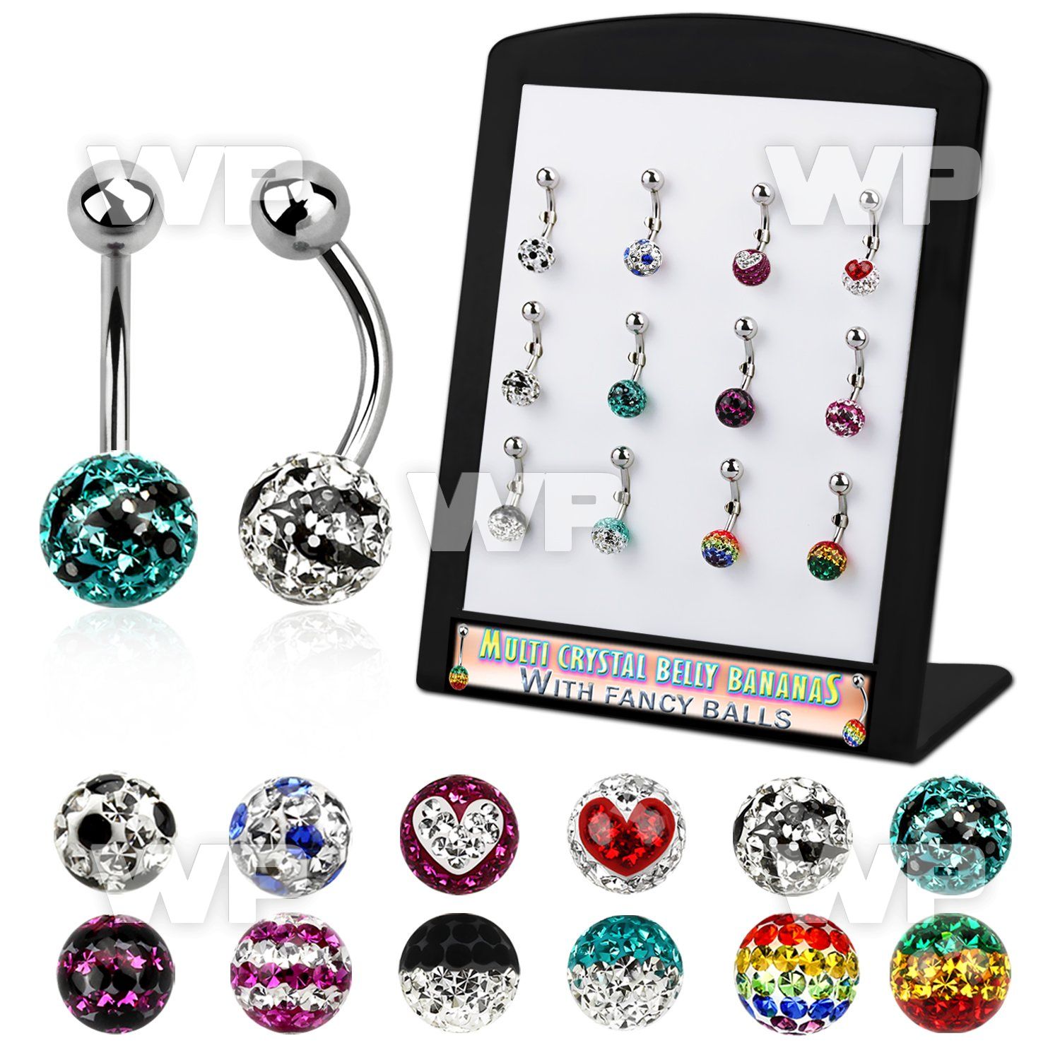 4aj8fkt display 12 pieces of steel belly ring w 8mm multi crystal belly piercing