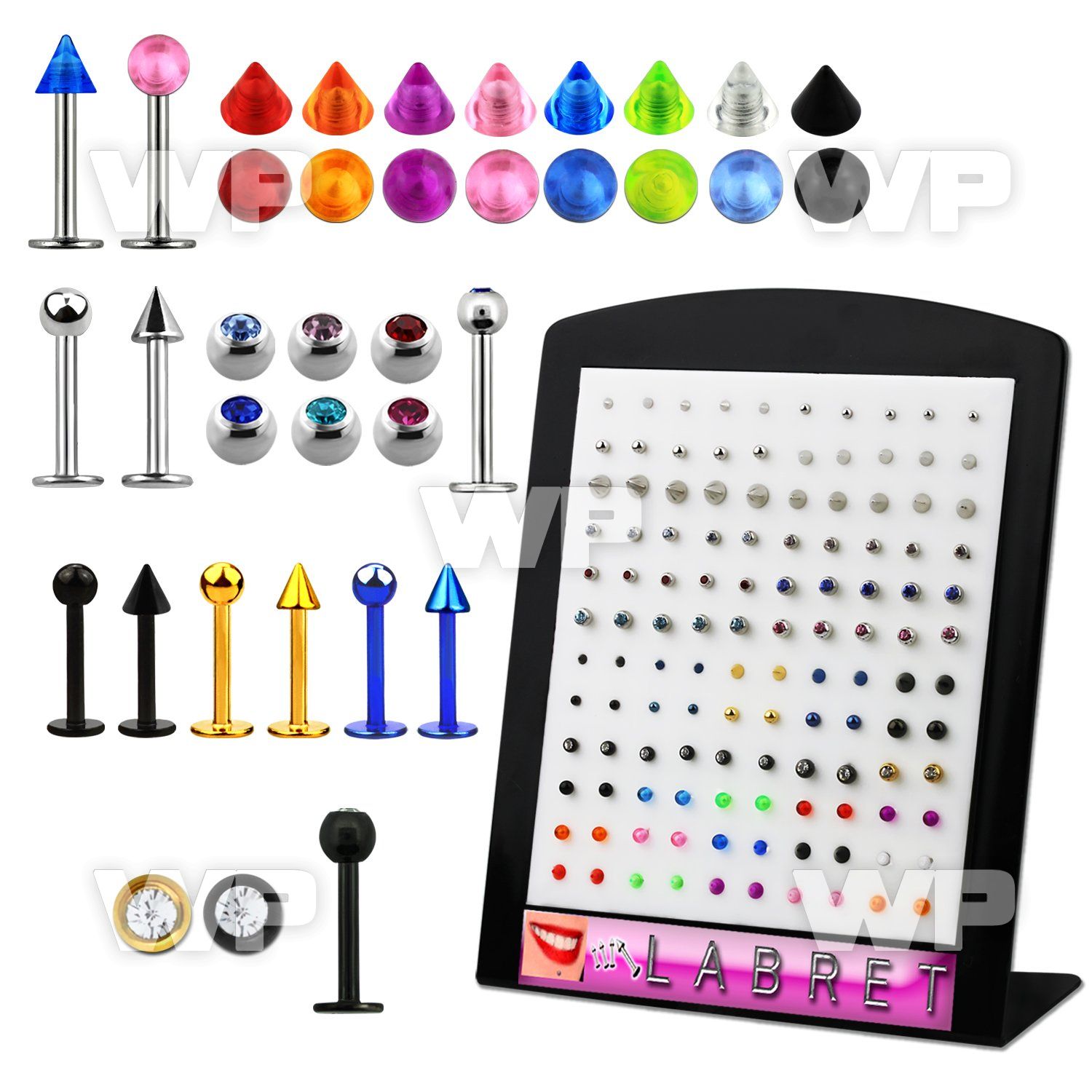 4ajb4 board w assorted surgical steel labret studs 1 2mm assor lower lip piercing