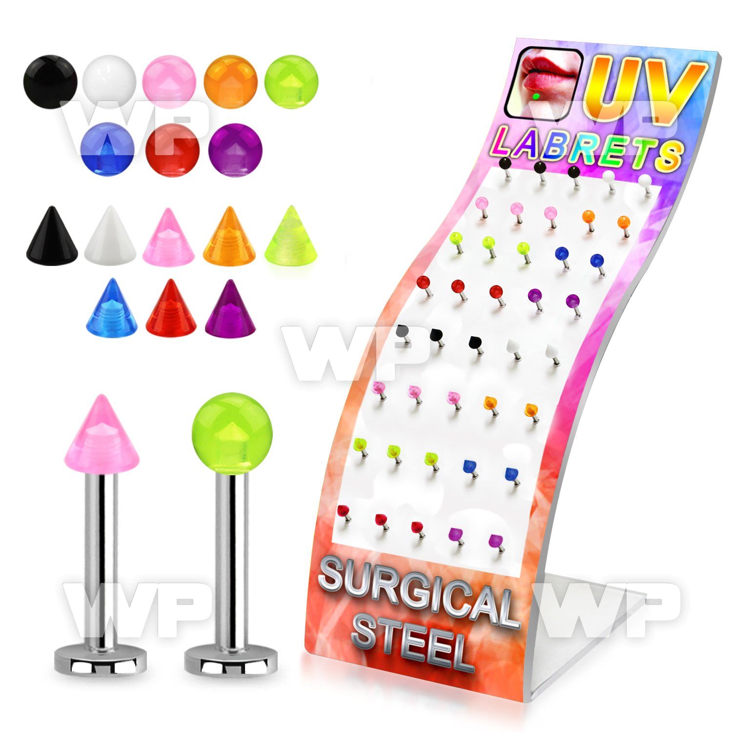4ajb4ep display w of surgical steel labret studs 1 2mm 3mm uv lower lip piercing