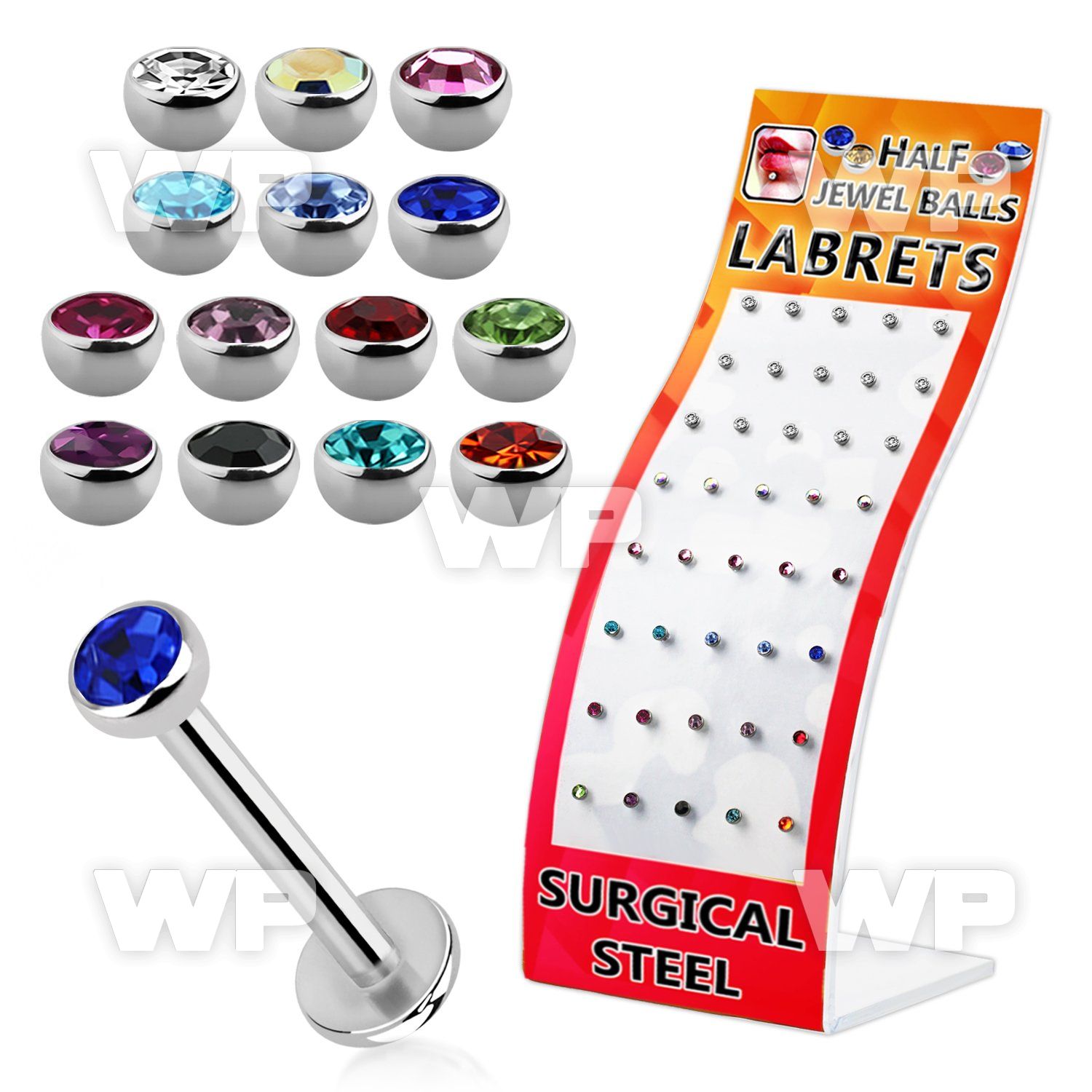 4ajb4es display w of 316l steel labret studs 1 2mm 3mm half jewe lower lip piercing