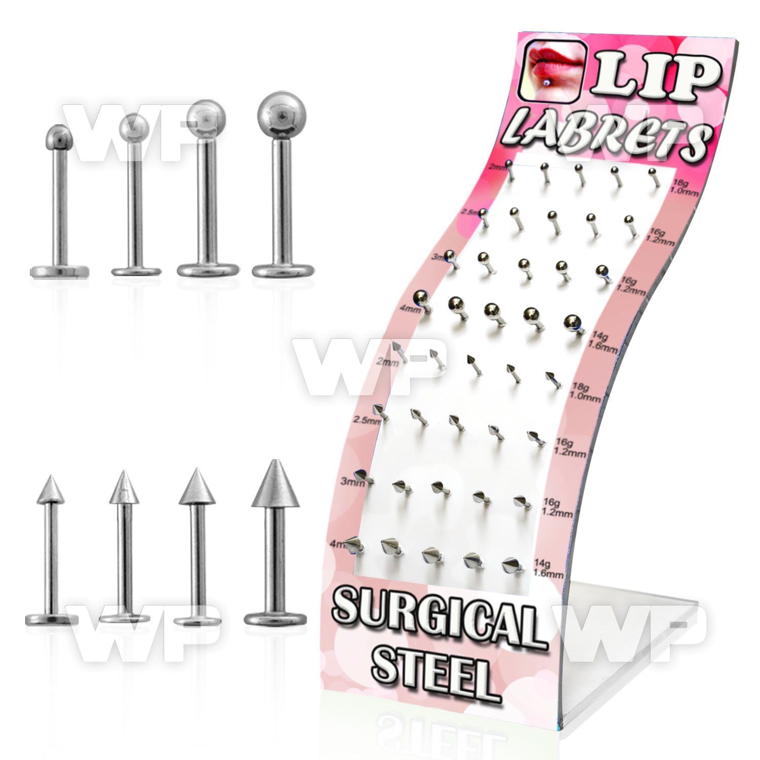 4ajb4l display w of 316l steel labret studs in 1 2mm 1 6mm bal lower lip piercing