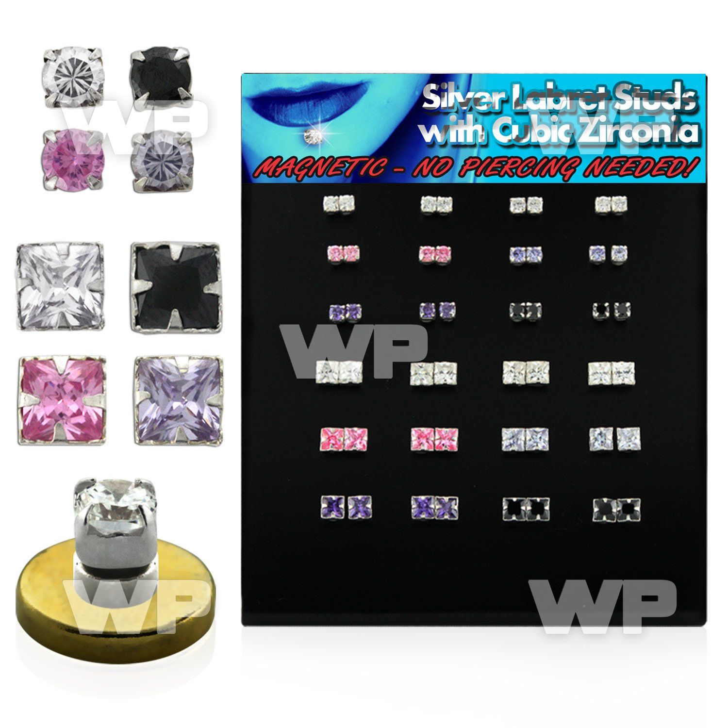 4ajbgj display with magnetic fake labret stud studs silver prong lower lip piercing