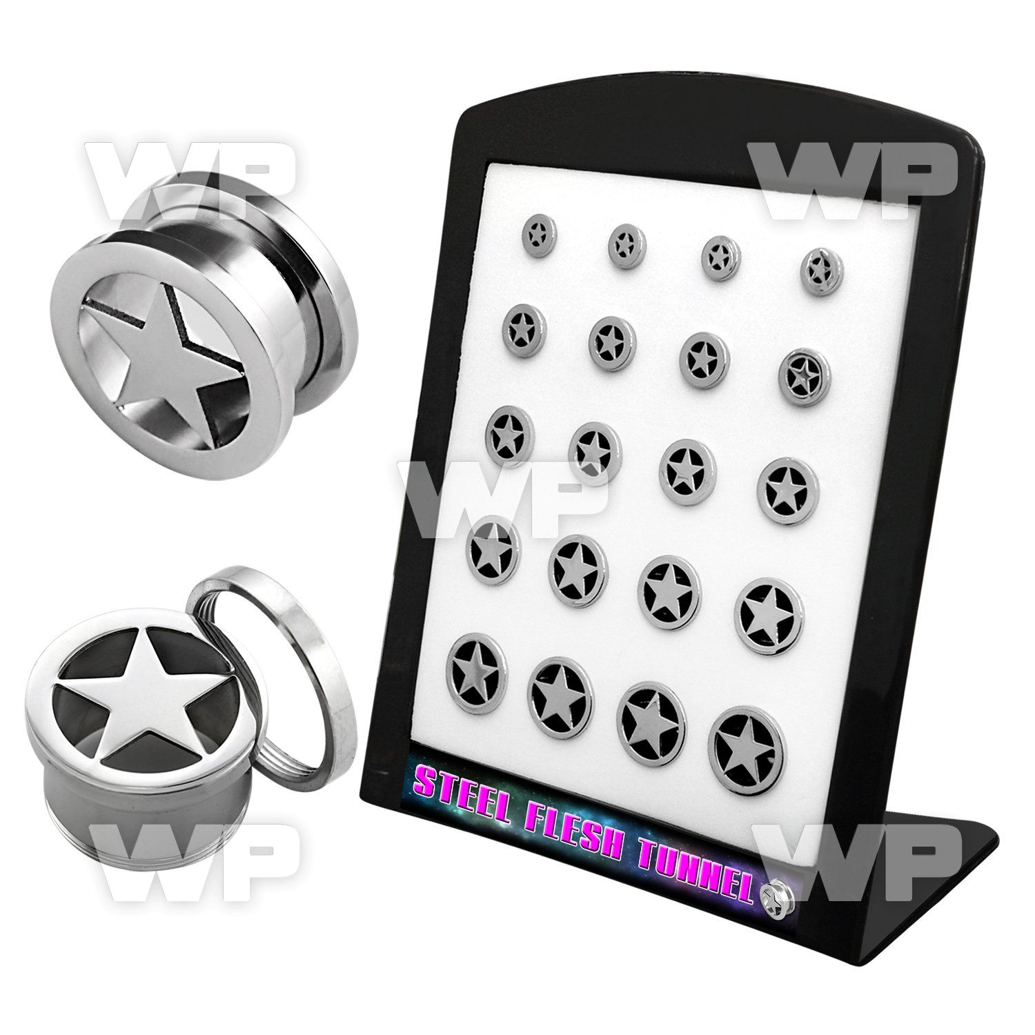 4ami90 display w steel screw fit flesh tunnel laser cut out star ear lobe piercing