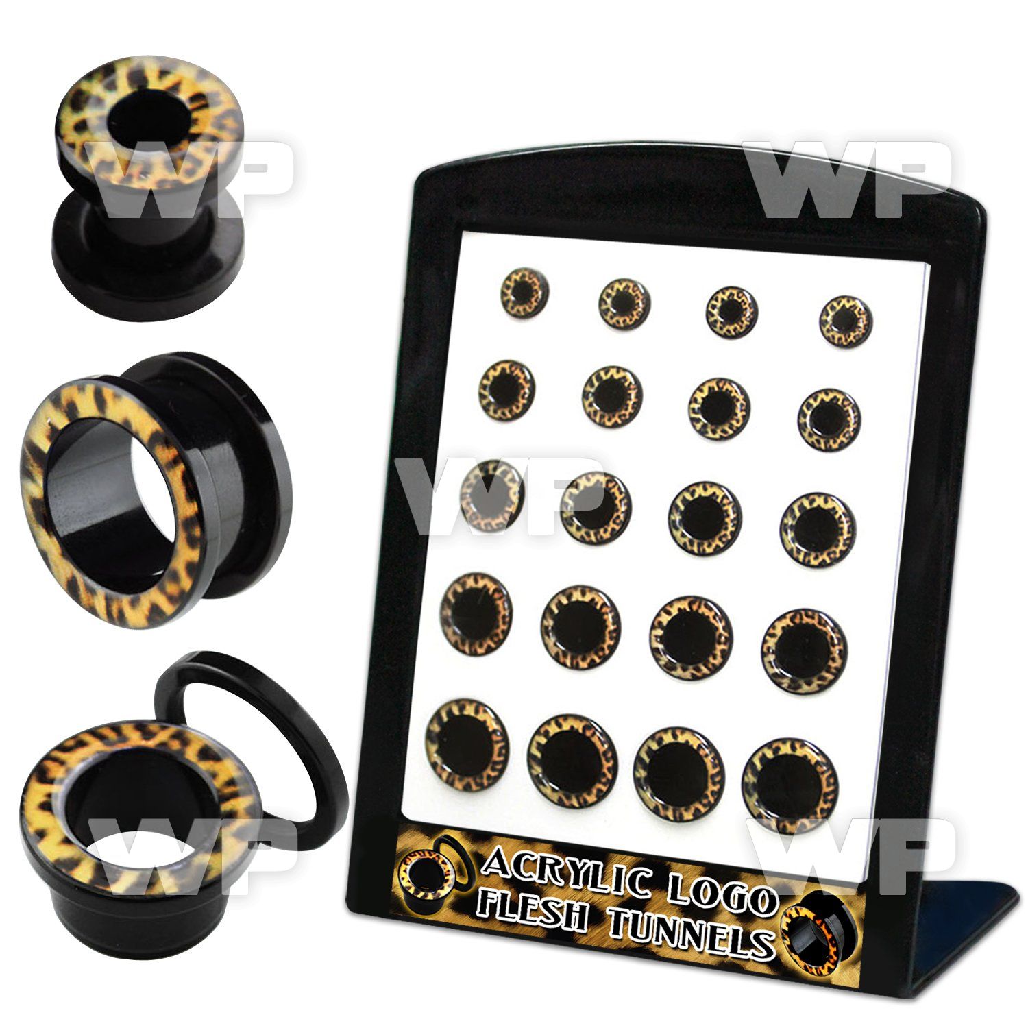4ami9l display w black acrylic screw fit flesh tunnels leopard ear lobe piercing