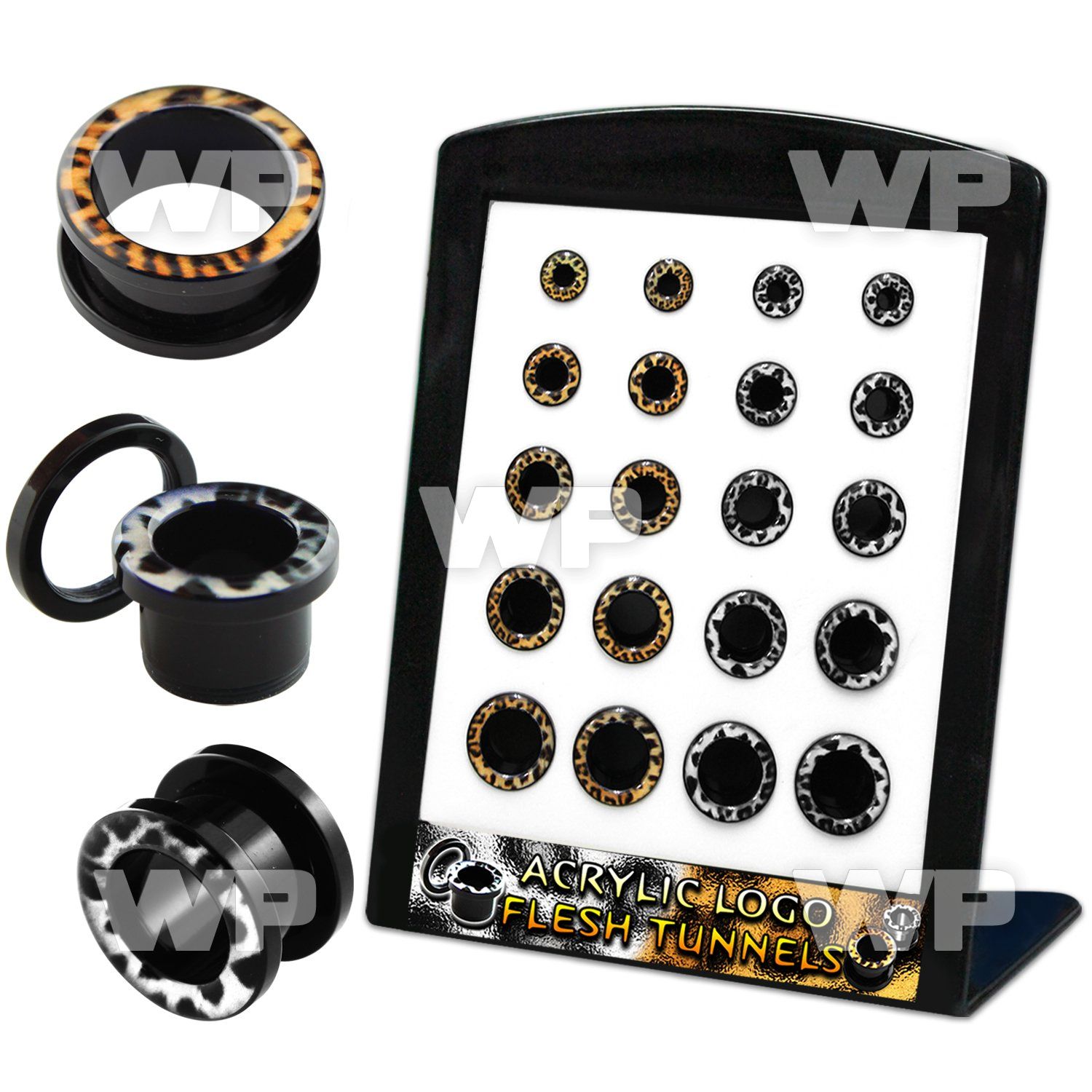 4ami9p display w black acrylic screw fit flesh tunnels leopard ear lobe piercing