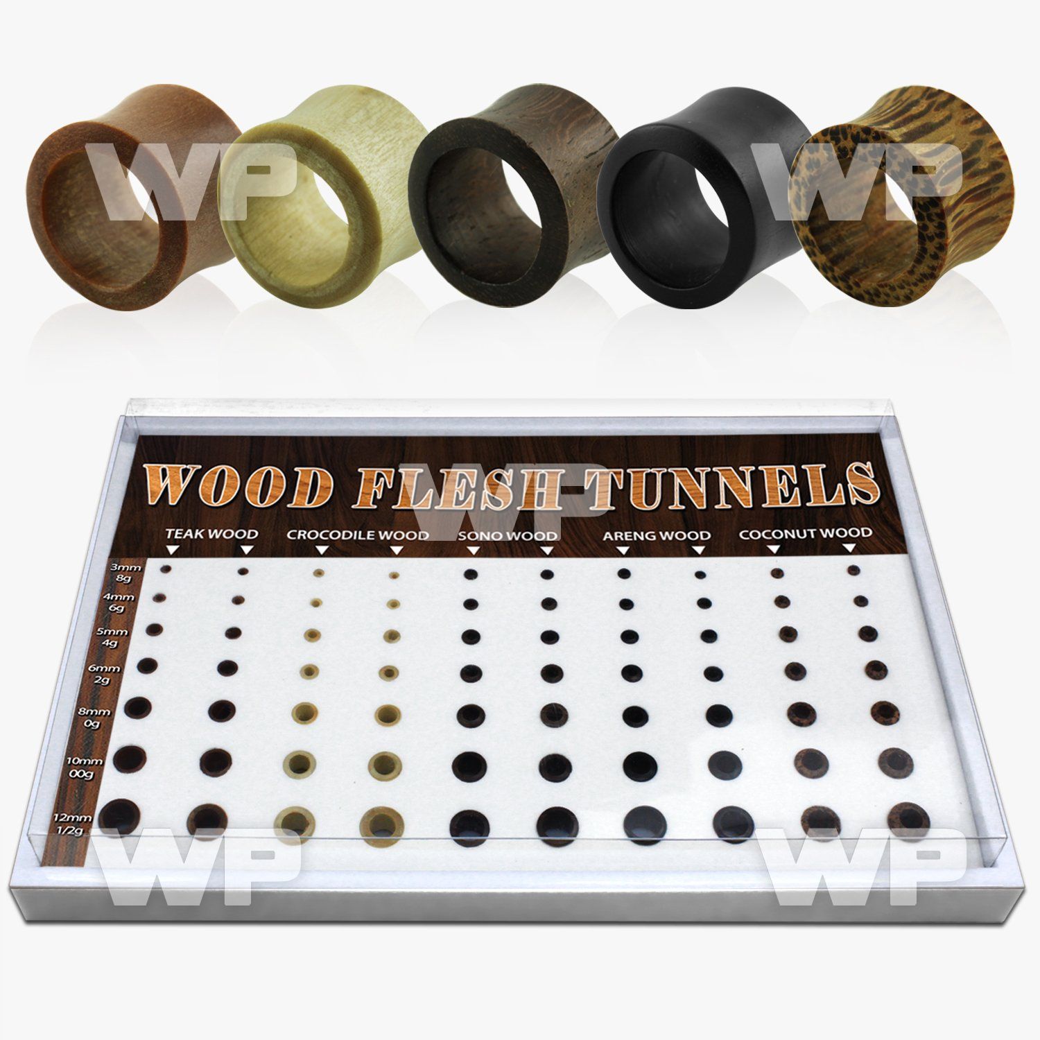 4ami9s display w wood double flare flesh tunnels teak crocodil ear lobe piercing