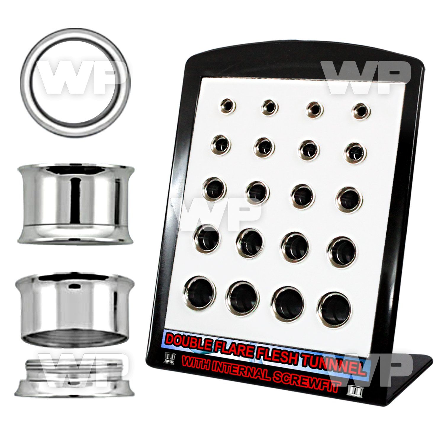 4amie096 display w surgical steel double flared flesh tunnels inte ear lobe piercing