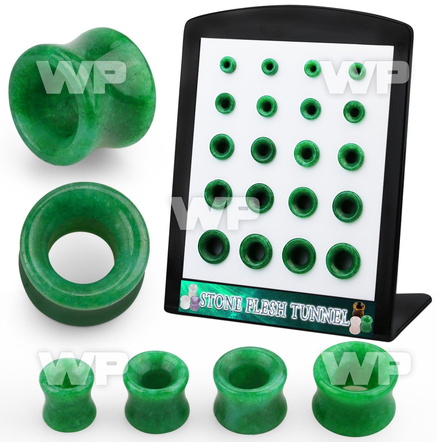 4amie9e display w double flared green jade stone flesh tunnels ear lobe piercing