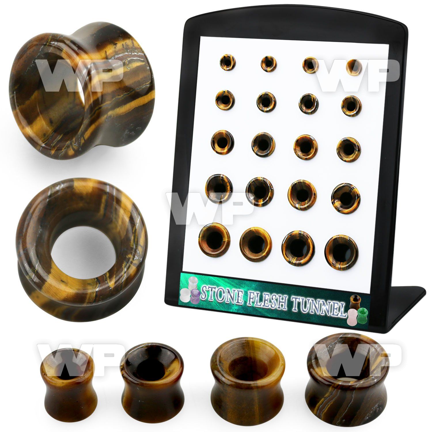 4amie9p display w double flared tiger eye stone flesh tunnels siz ear lobe piercing