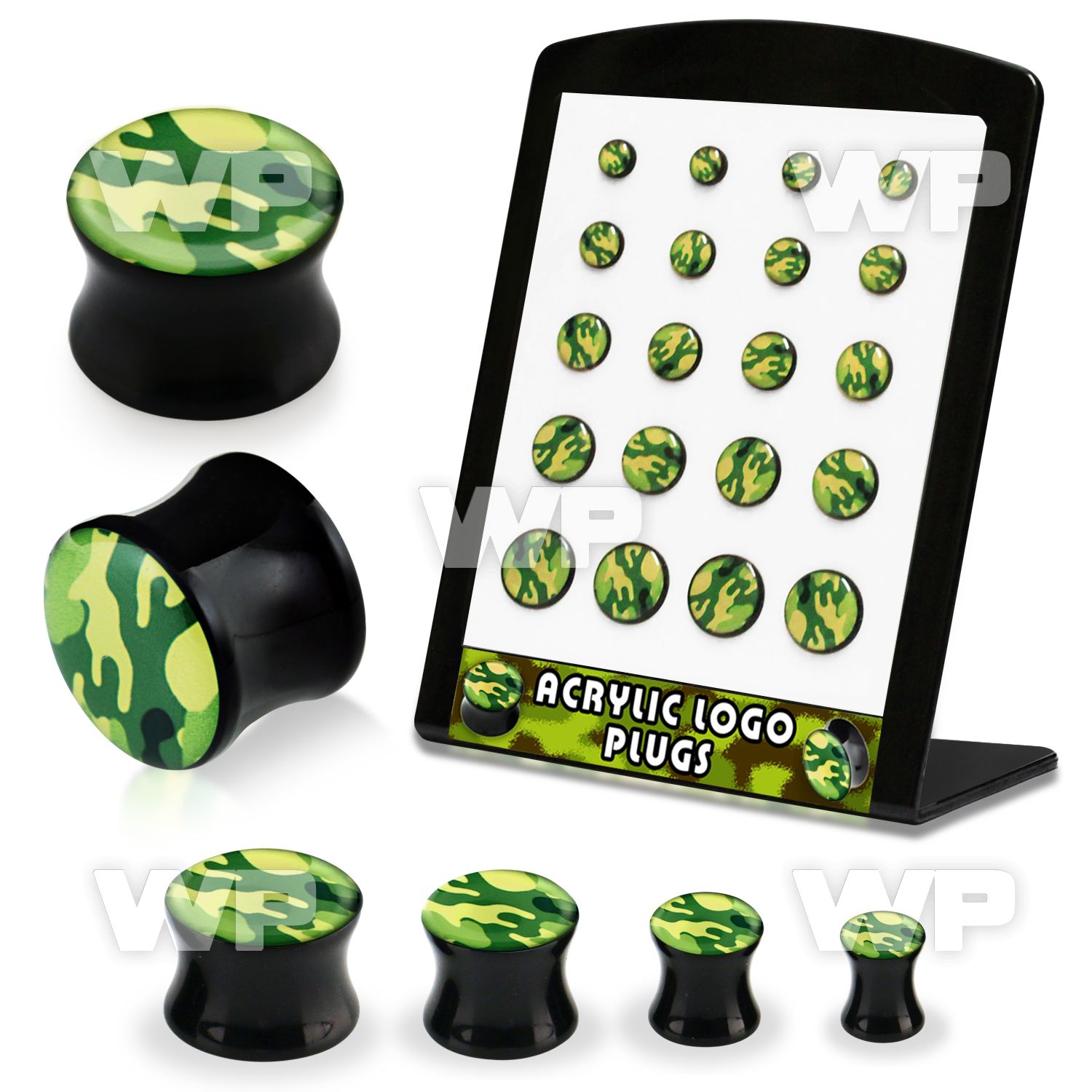4amiee9 display w double flared logo plug green camouflage patter ear lobe piercing
