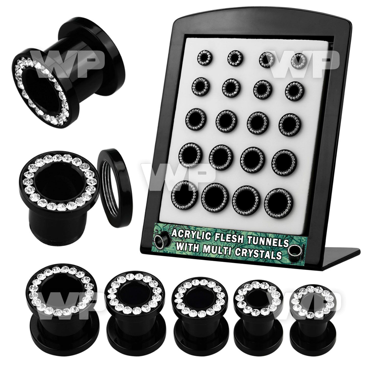 4amieee display w black acrylic flesh tunnel clear crystal studde ear lobe piercing