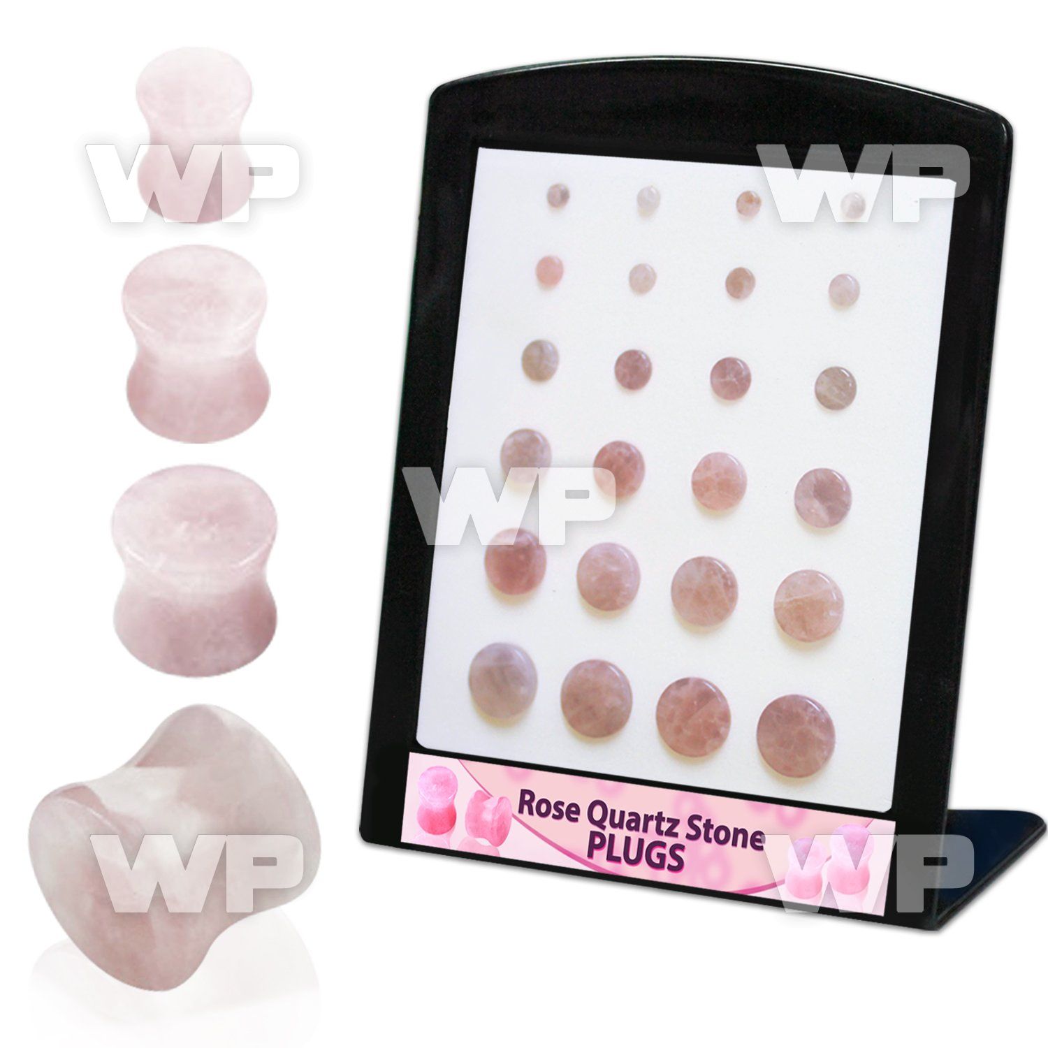 4amieey display w of double flared moon rose quartz plugs size ear lobe piercing