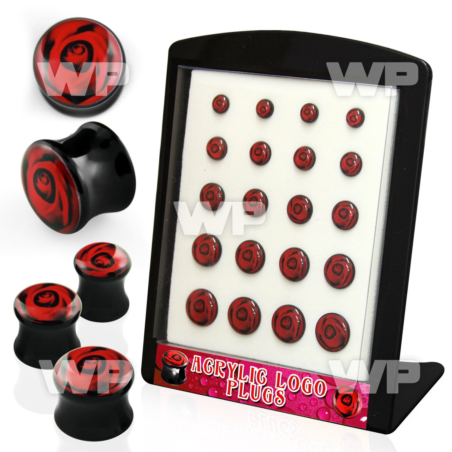 4amiep0 display w black acrylic double flare saddle plugs red ros ear lobe piercing