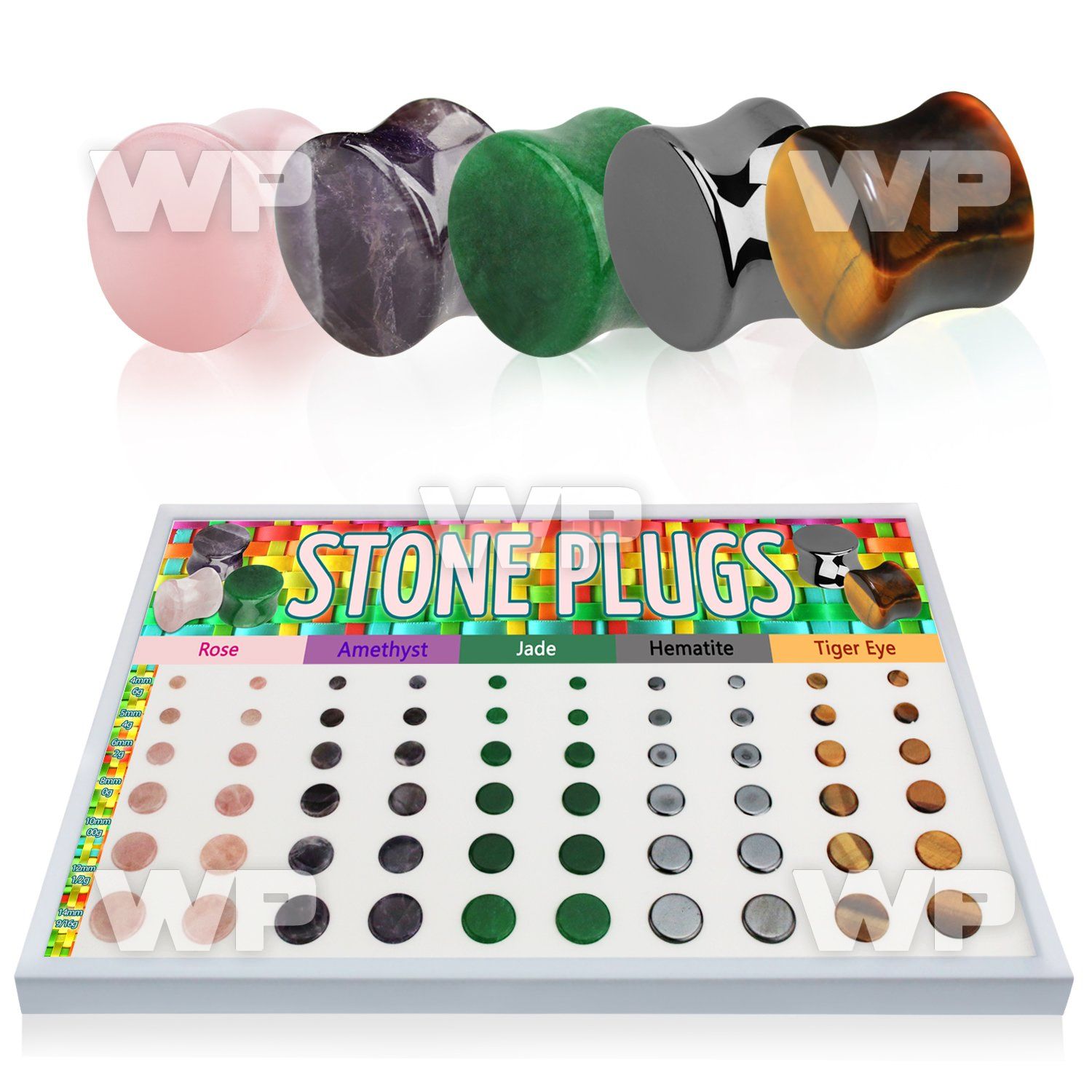 4amiep9 display w assorted double flared stone plug size 4mm 14m ear lobe piercing