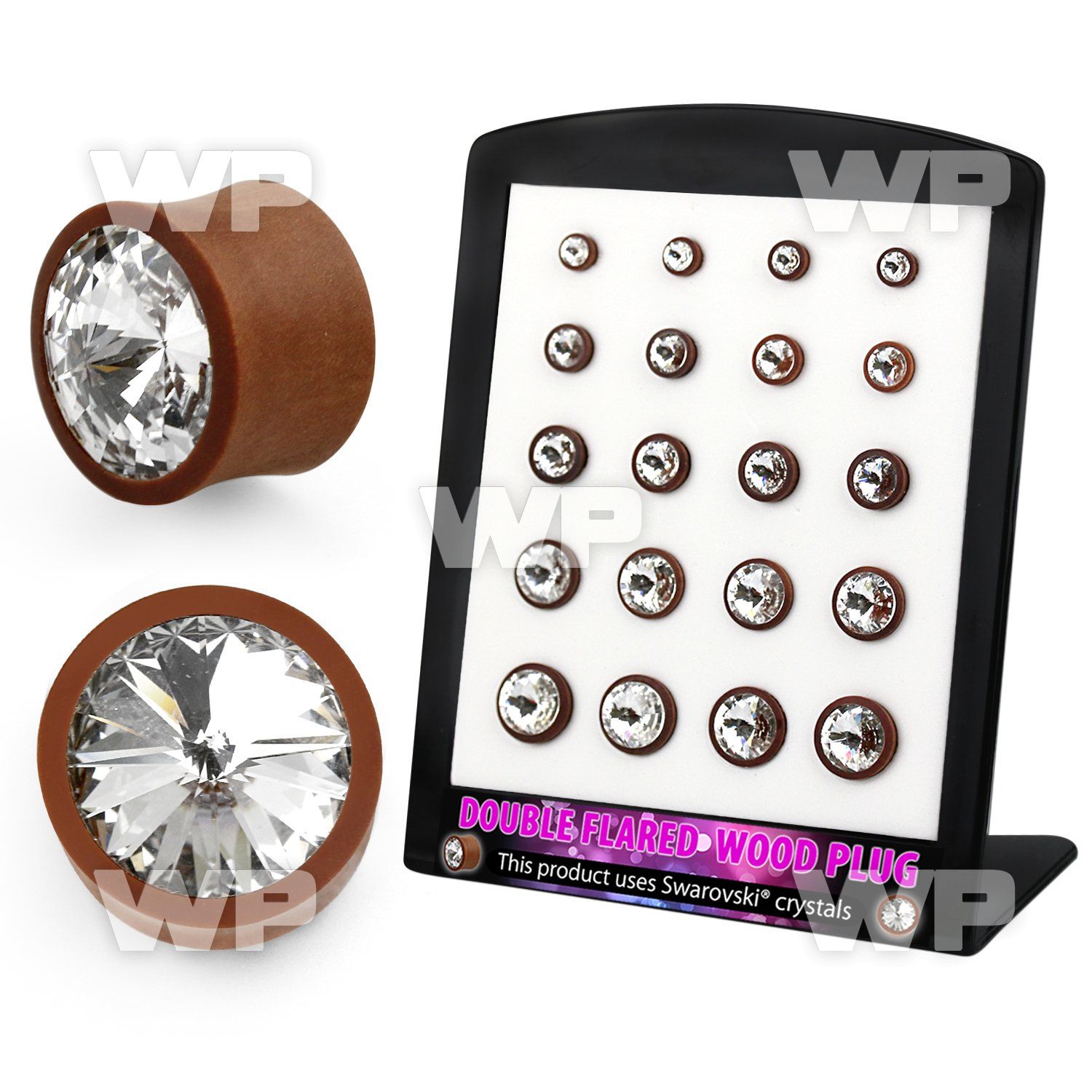 4amiett display w sawo wood double flare plugs giant clear swarov ear lobe piercing