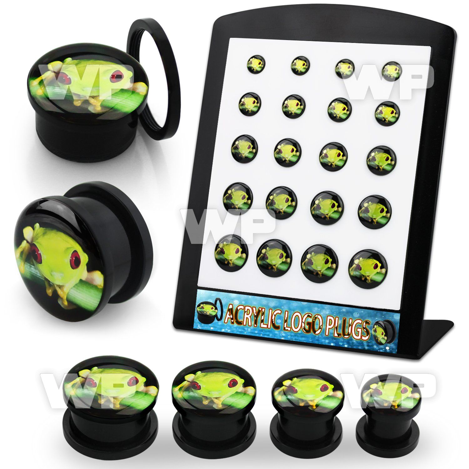 4amiey9 display w black acrylic screw fit logo plugs green tree ear lobe piercing