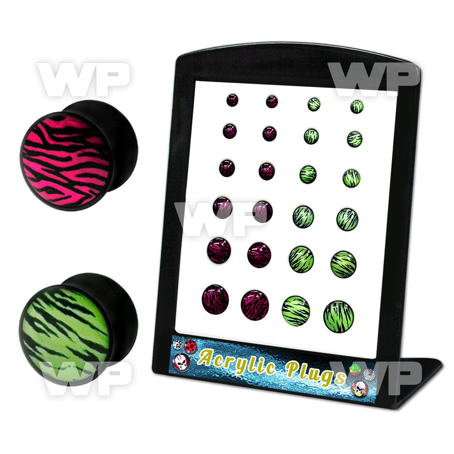 4amisk display w of black acrylic double flare saddle plugs ear lobe piercing