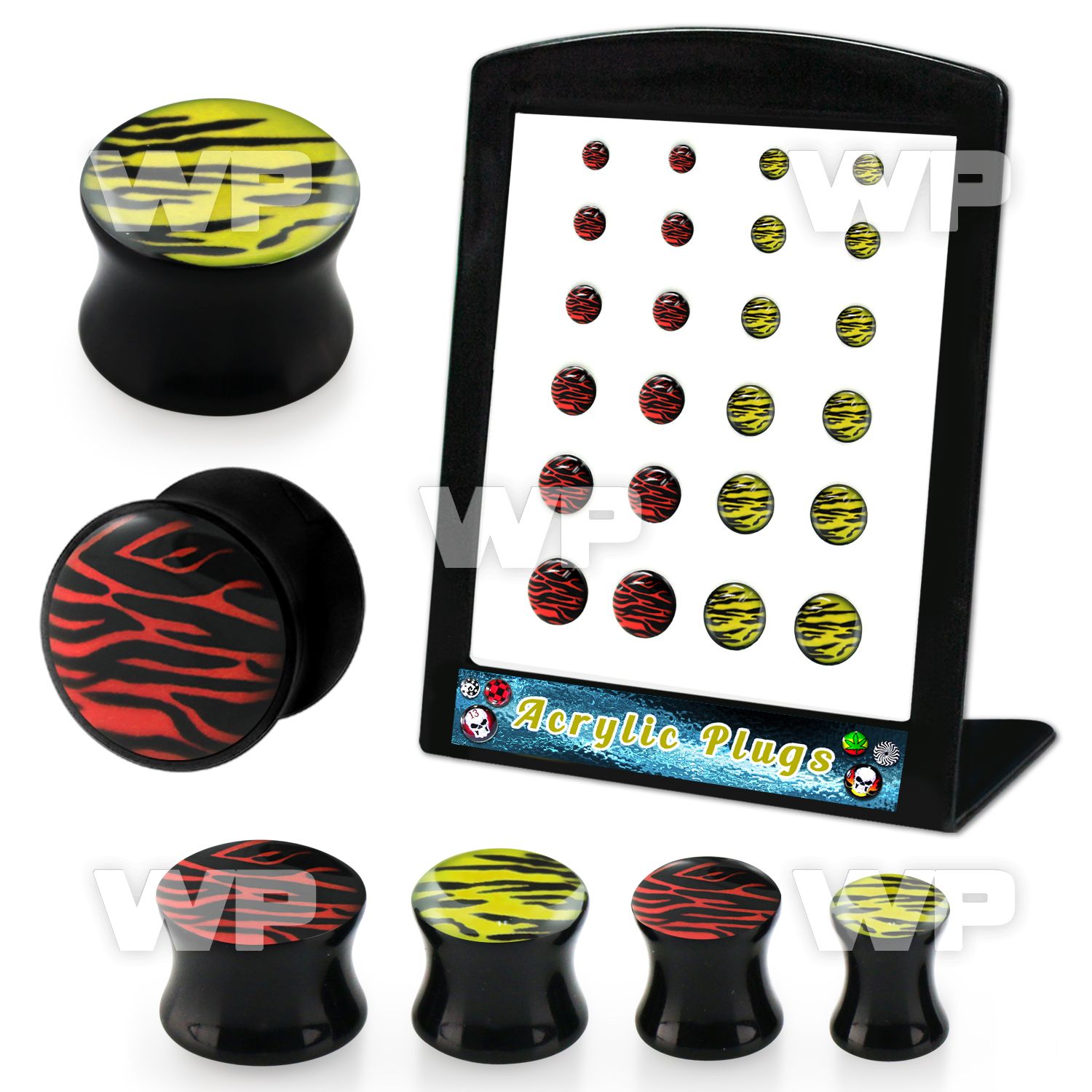 4amisk display w of black acrylic double flare saddle plugs ear lobe piercing