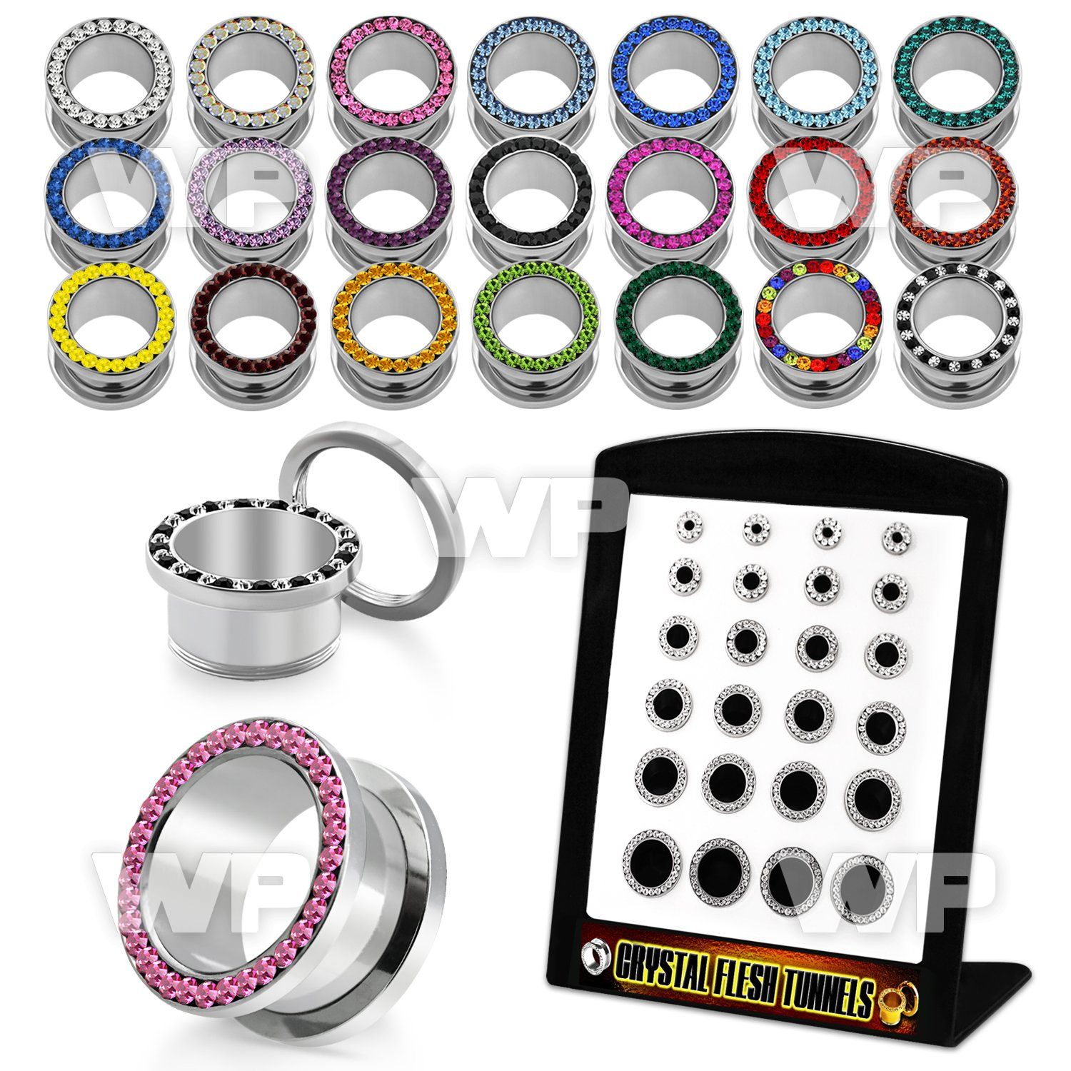 4amite display w surgical steel flesh tunnels crystal studded ear lobe piercing