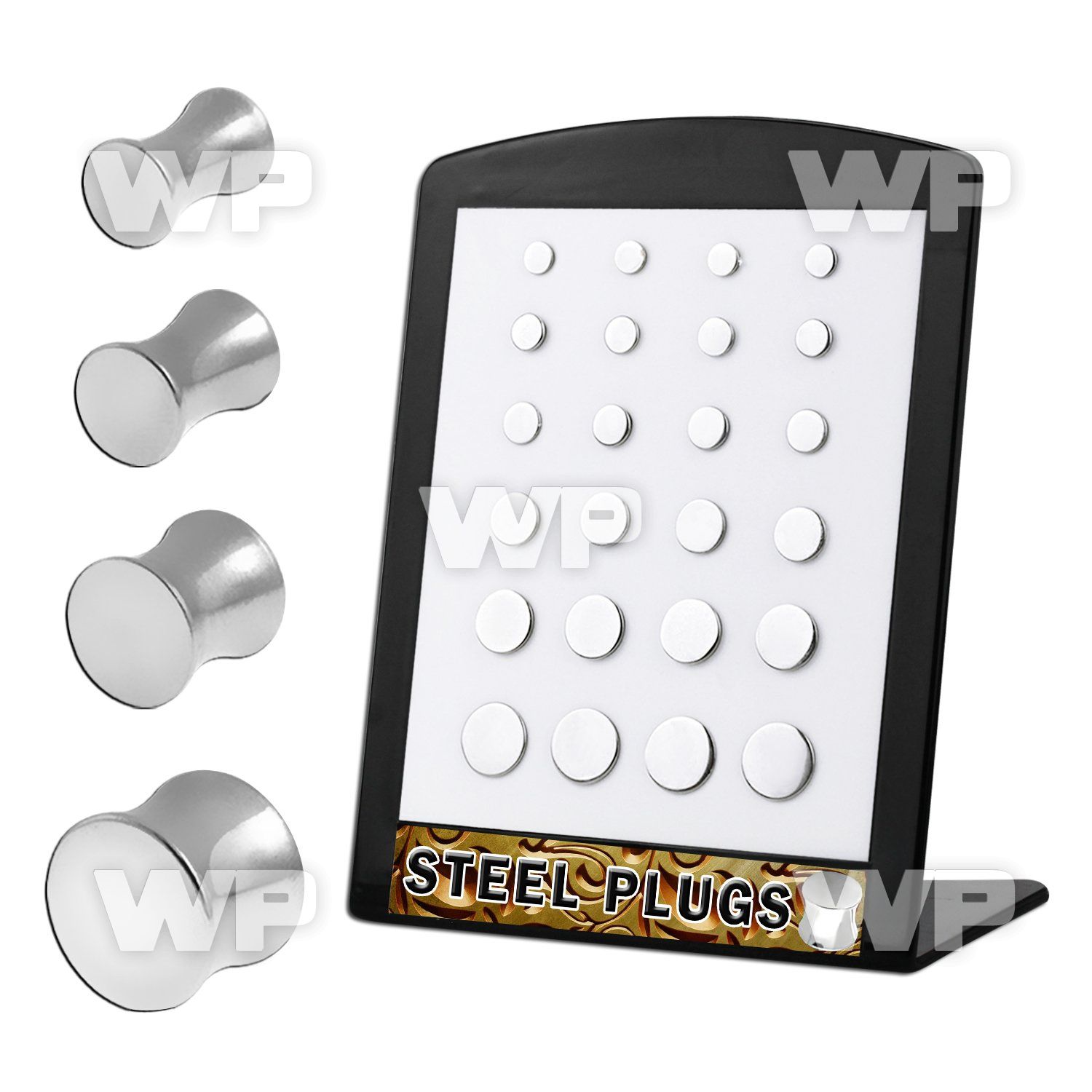 4amitz display w surgical steel plugs size 3mm to 10mm 8g to ear lobe piercing