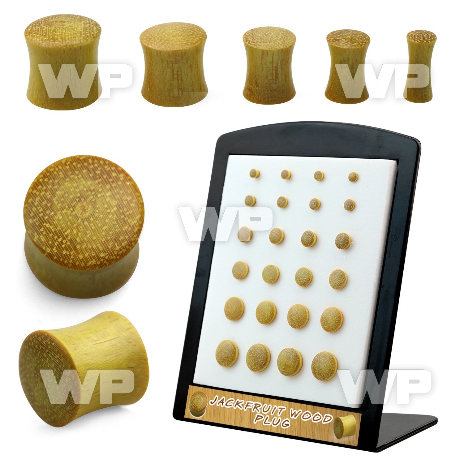 4amoc display w double flare jack fruit wood plugs size 3mm to ear lobe piercing