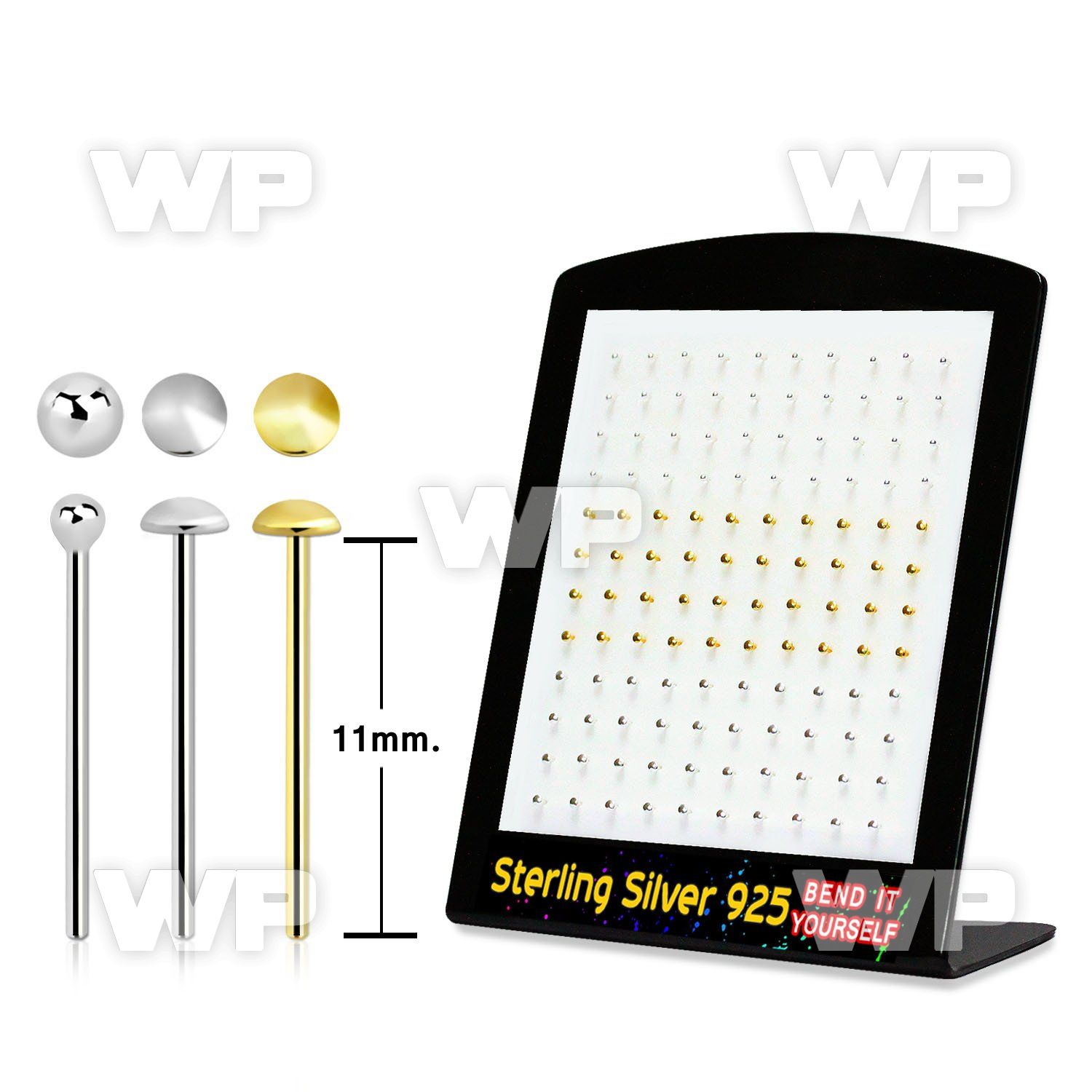 4anjfe display board of 120 pcs of silver 925 un bent nose stud belly piercing
