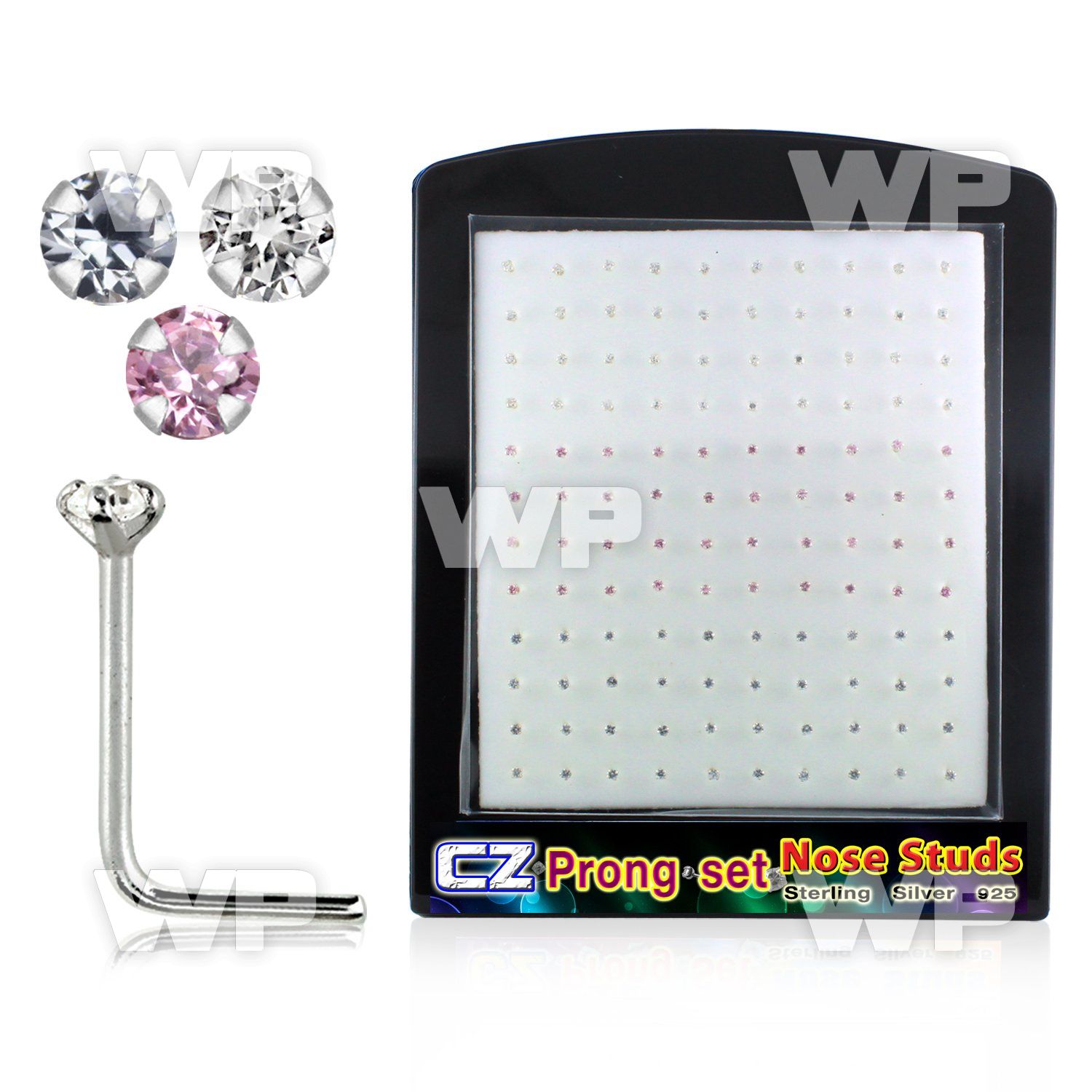 4au36gj display w silver 925 l shaped nose studs 2mm round prong nose piercing