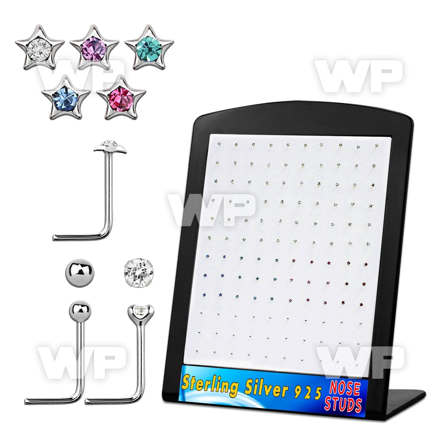 4au3j6z board 120 pieces of assorted silver 925 l shaped nose stu 