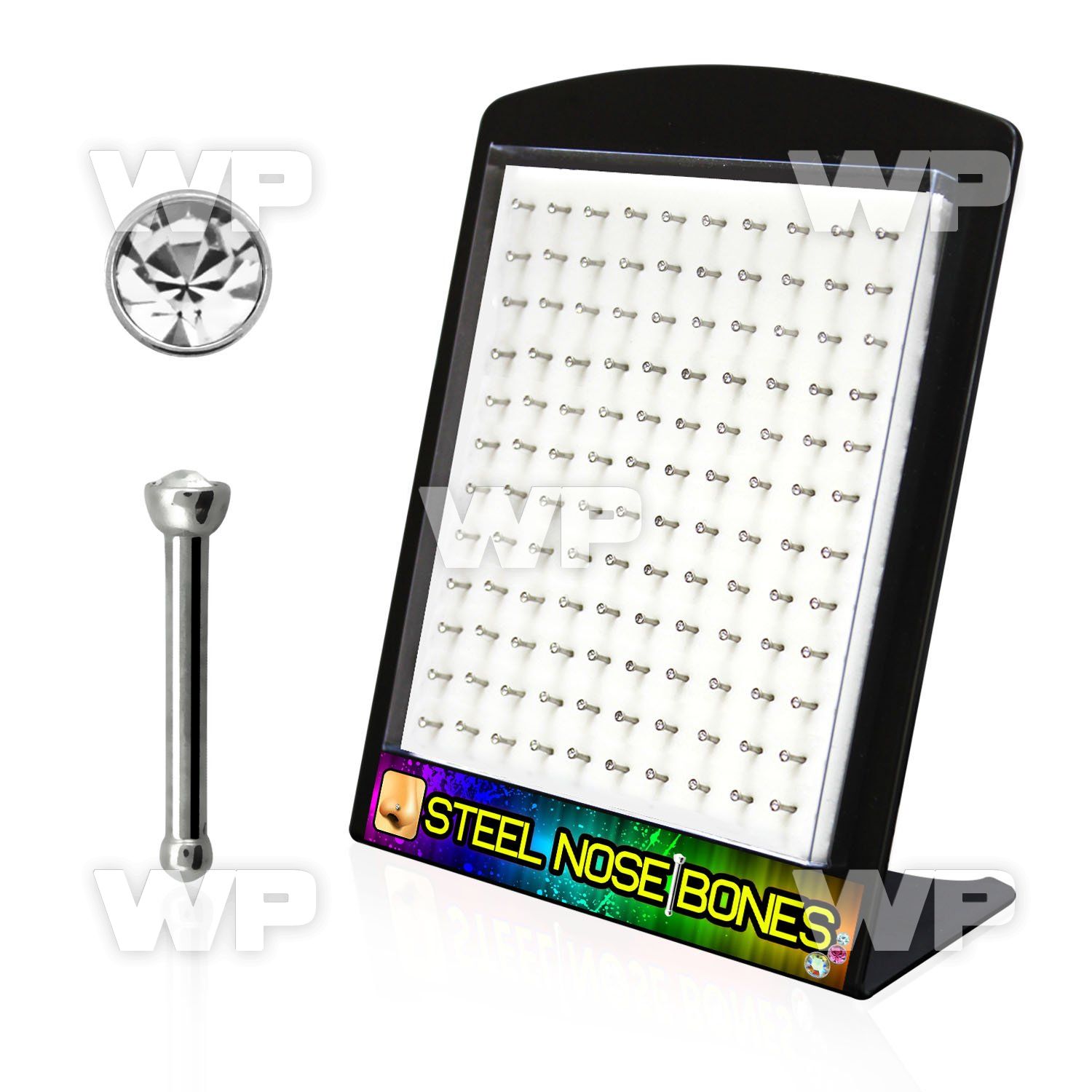 4au436 display w surgical steel steel noses 1mm 2mm round clear nose piercing