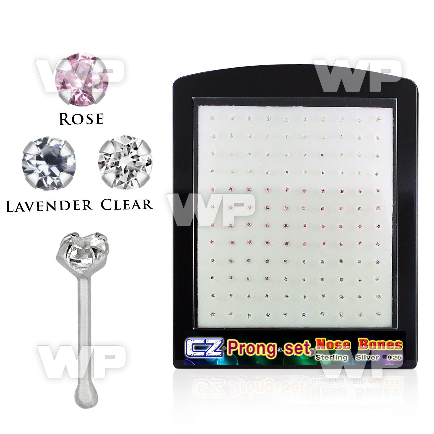 4au46gj display w silver 925 nose bone 2mm prong set round cz nose piercing