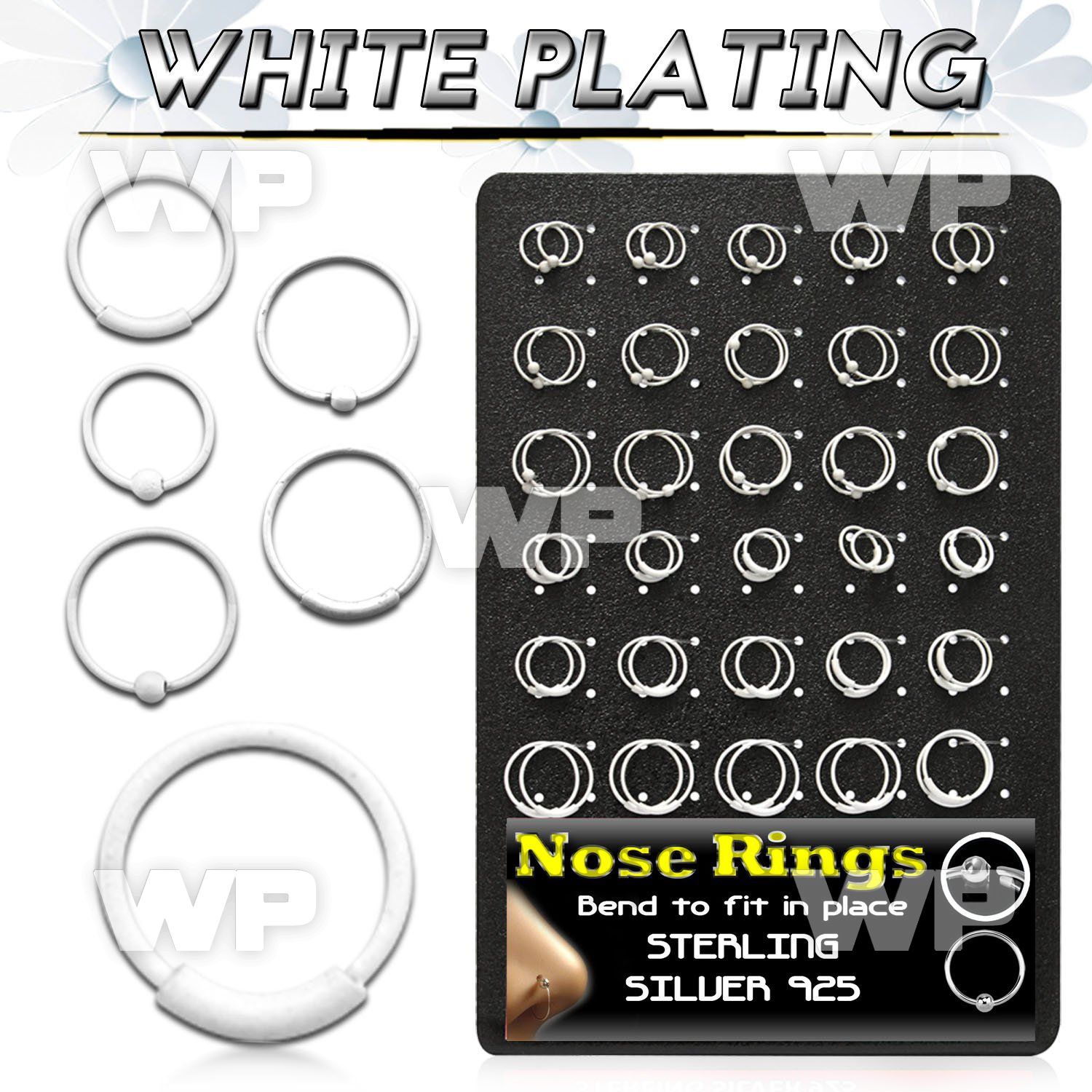 4auxm9 display w white plated silver 925 nose rings 30 pcs ball nose piercing
