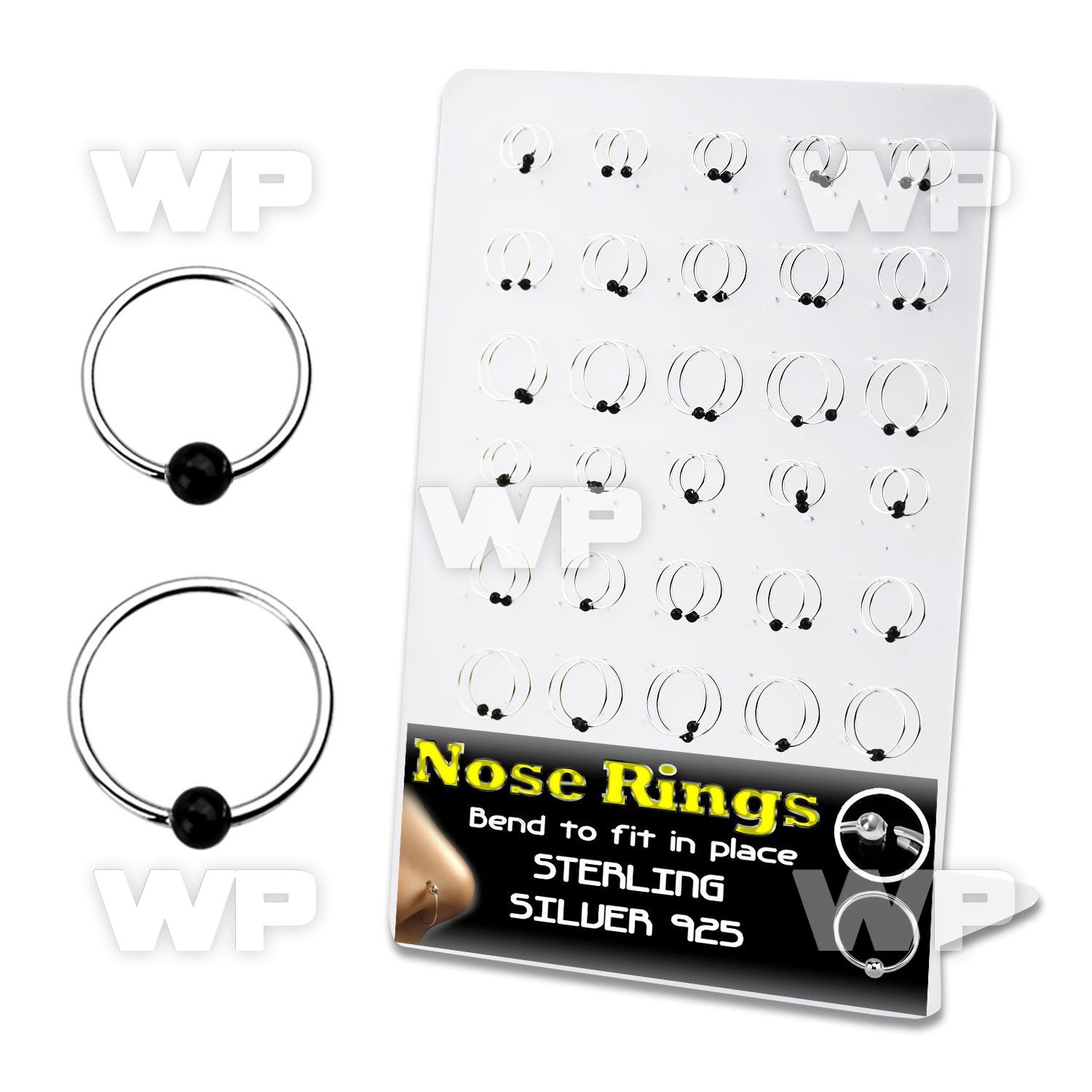 4auxmz board w silver 925 nose rings black color plated 2mm ball nose piercing