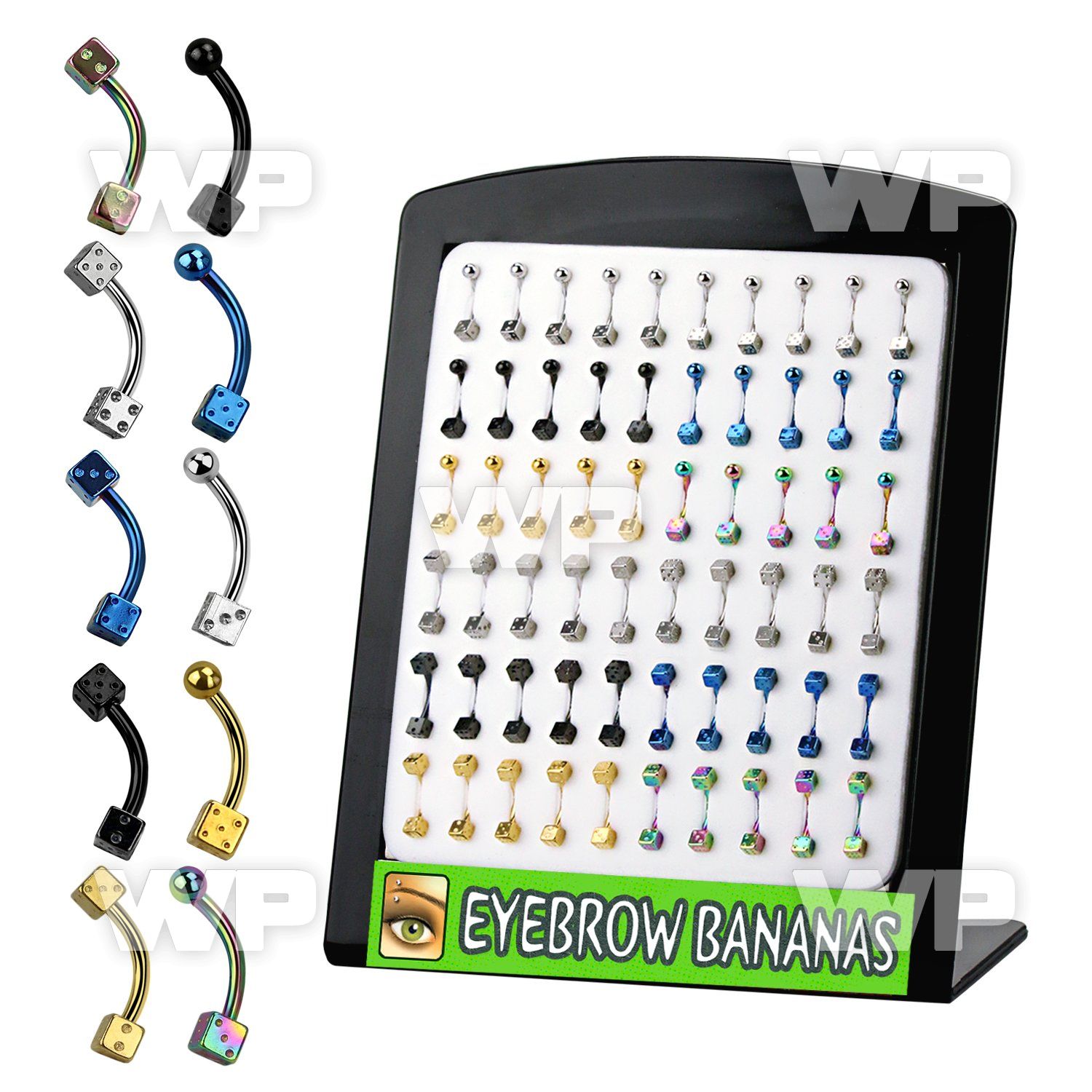 4aw18 display w 316l steel anodizd 316l steel micro bananas eyebrow piercing