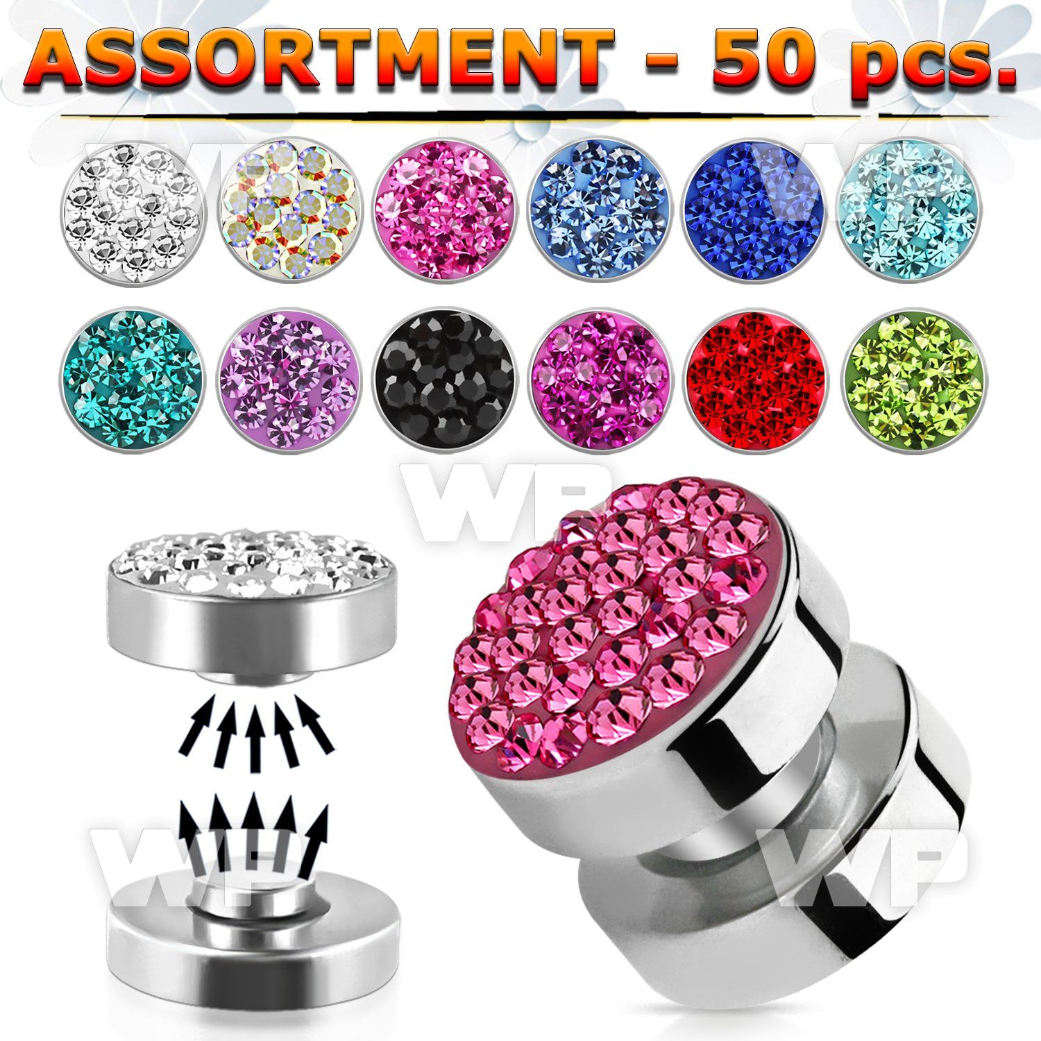 4b20el of steel magnetic fake plups ferido glued crystal on the belly piercing
