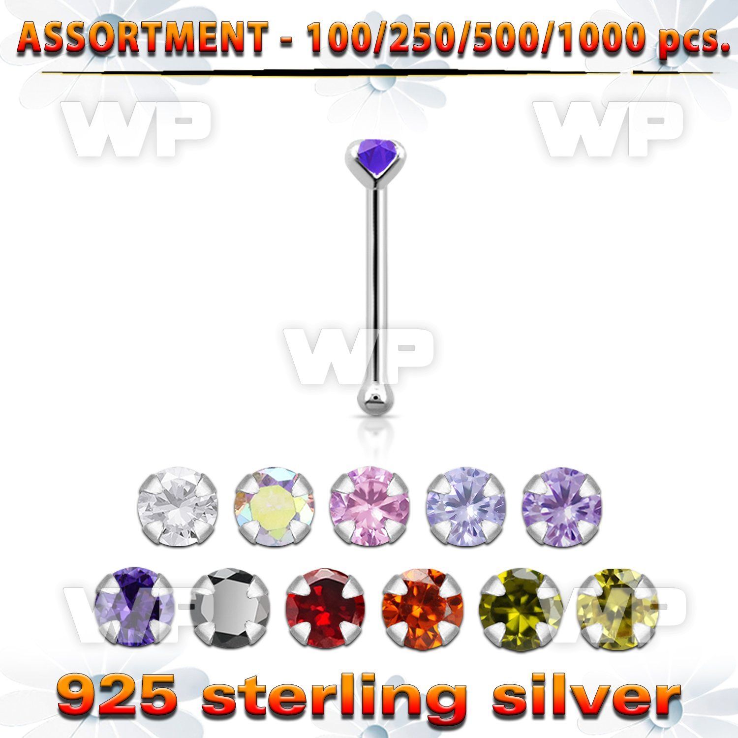 4b20sk silver 925 nose bone 2mm round prong set cz stone cz nose piercing