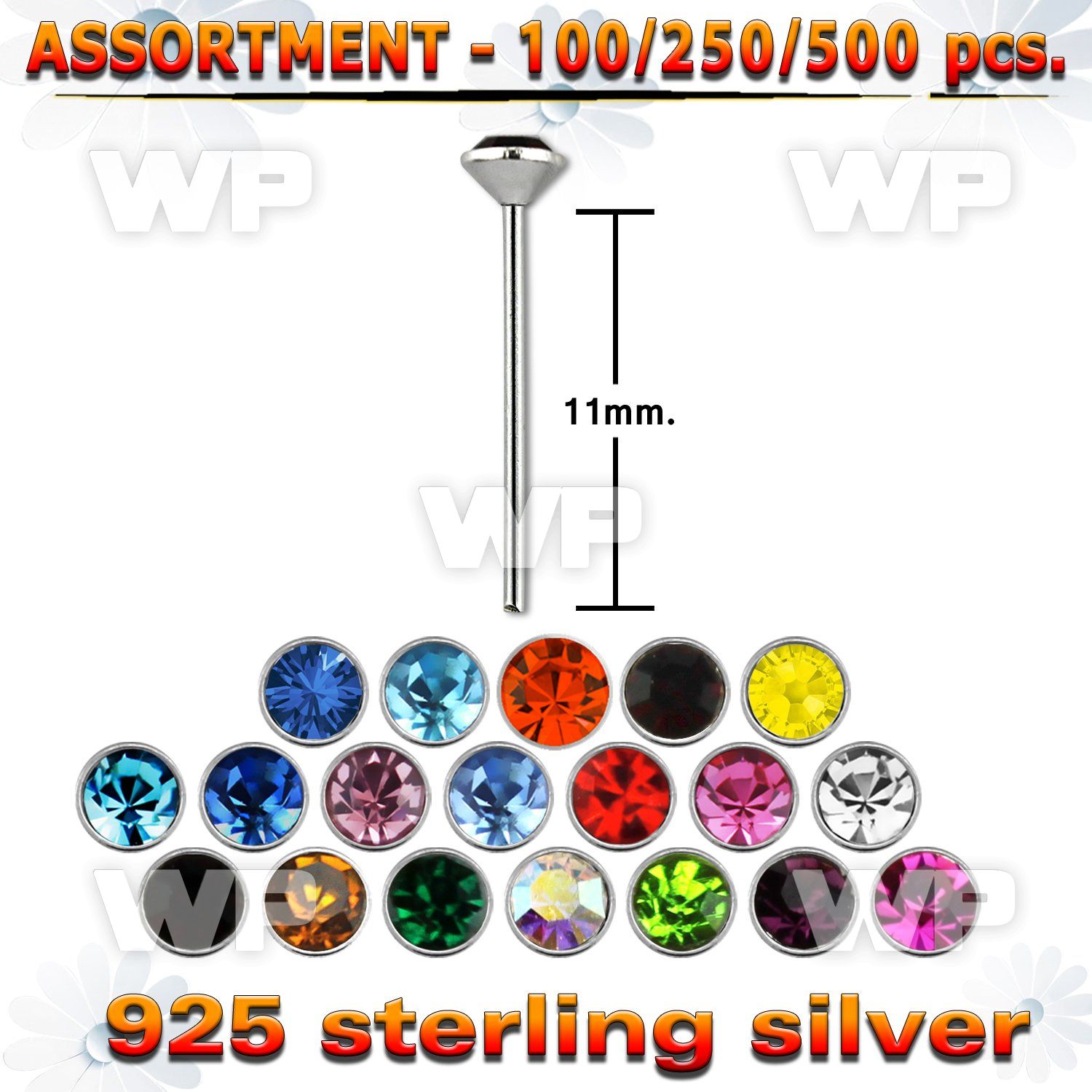 4b20sl silver 925 un bent nose stud 2mm round crystal top belly piercing