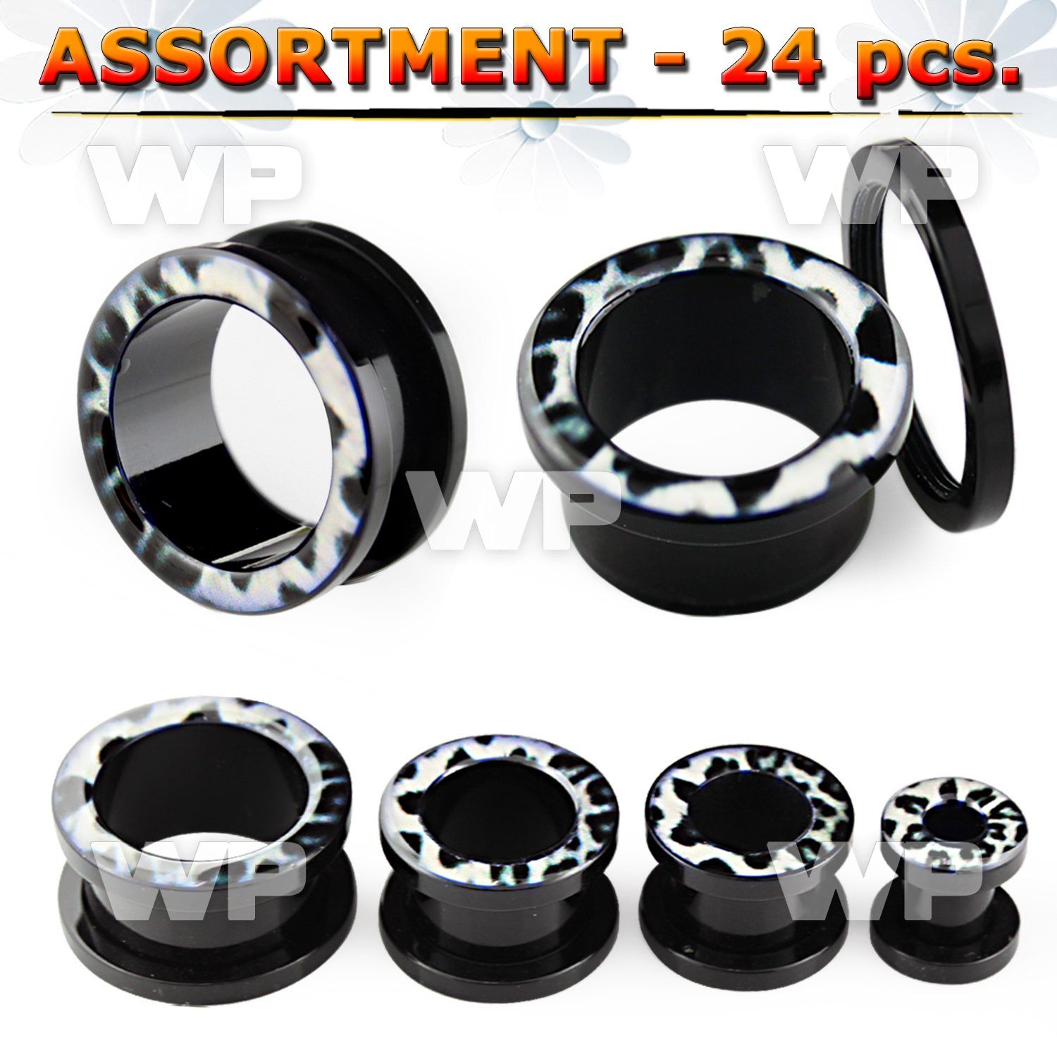 4b2kzt of black acrylic flesh tunnel plug snow leopard logo ear lobe piercing